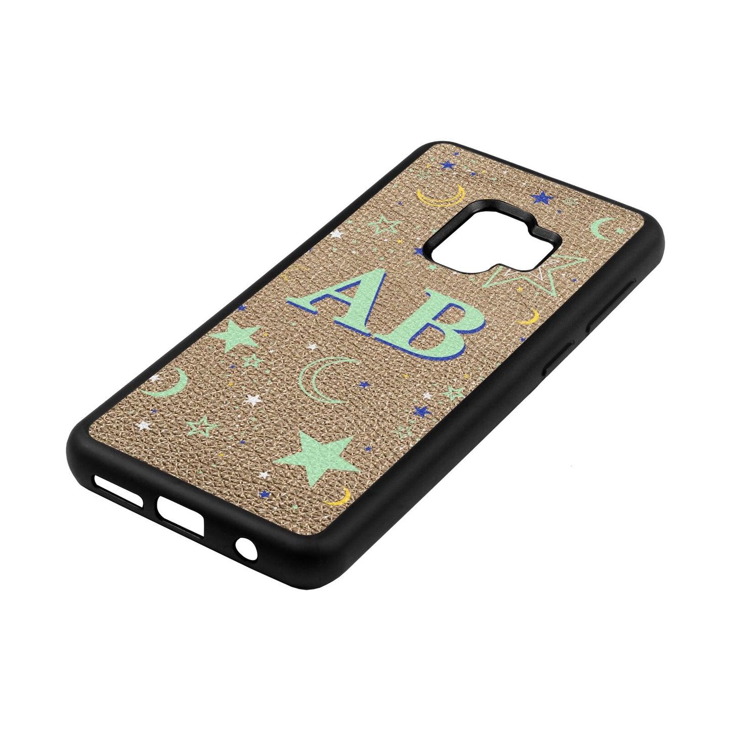 Stars and Moon Personalised Gold Pebble Leather Samsung S9 Case Side Angle