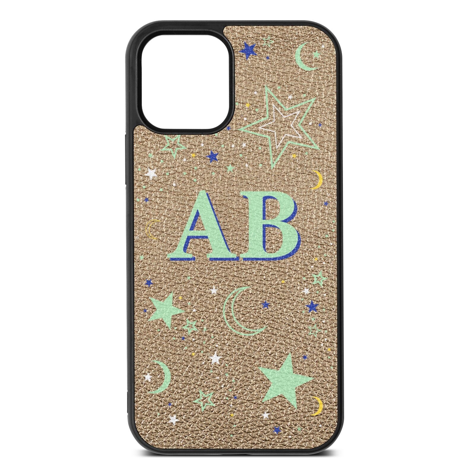 Stars and Moon Personalised Gold Pebble Leather iPhone 12 Case