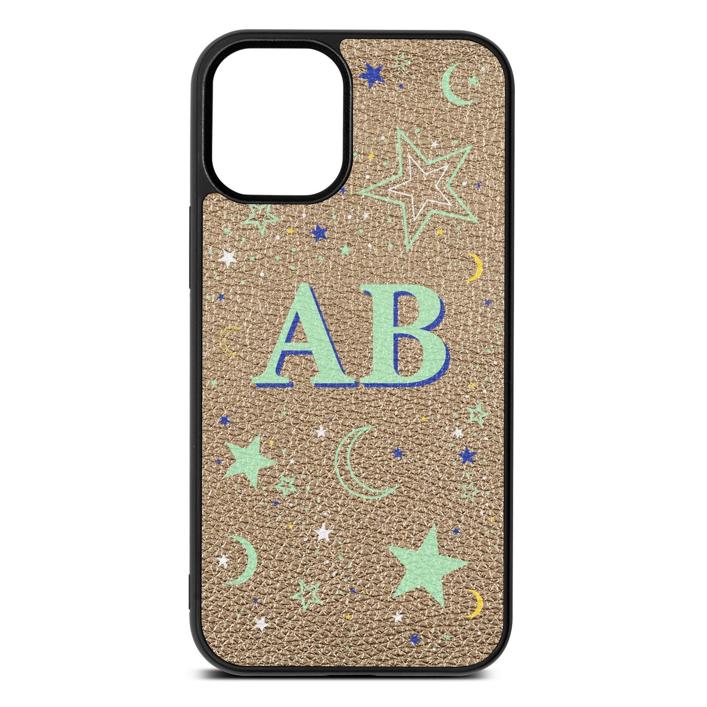 Stars and Moon Personalised Gold Pebble Leather iPhone 12 Mini Case