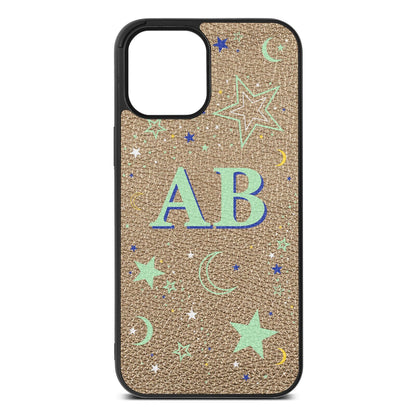 Stars and Moon Personalised Gold Pebble Leather iPhone 12 Pro Max Case