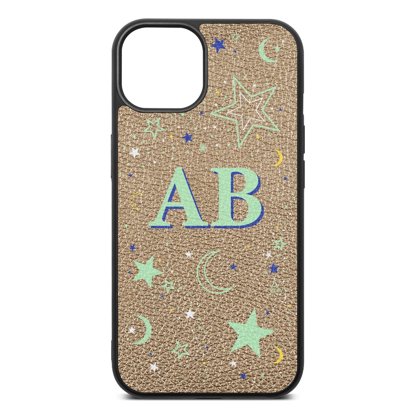 Stars and Moon Personalised Gold Pebble Leather iPhone 13 Case