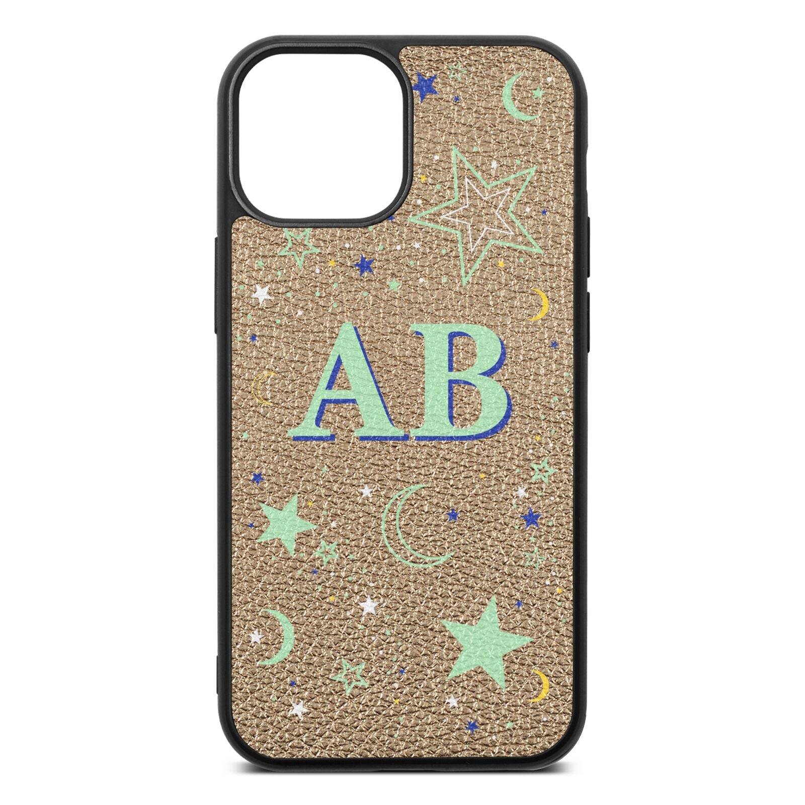 Stars and Moon Personalised Gold Pebble Leather iPhone 13 Mini Case