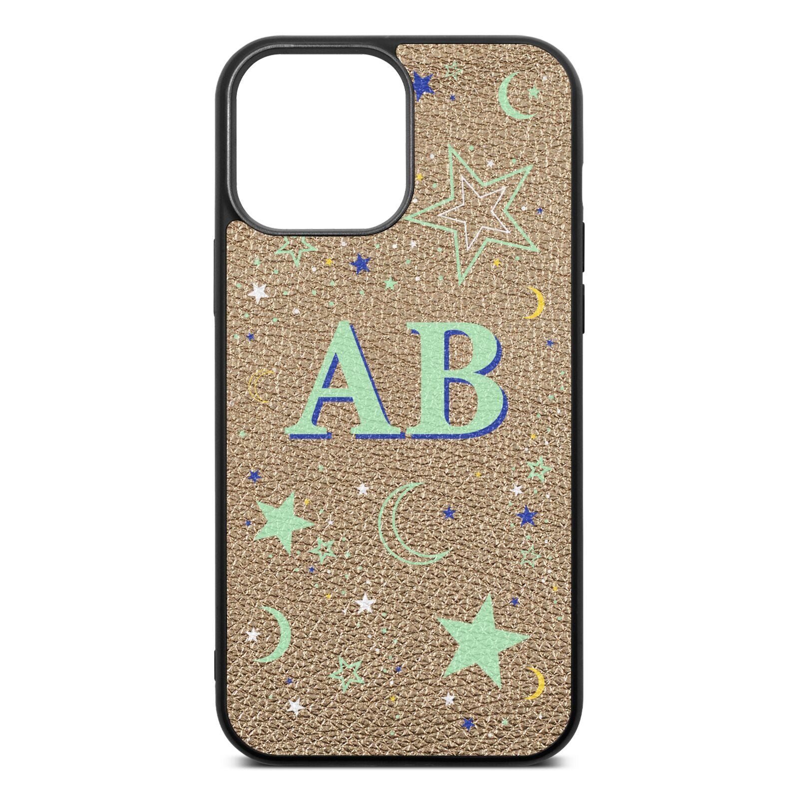 Stars and Moon Personalised Gold Pebble Leather iPhone 13 Pro Max Case