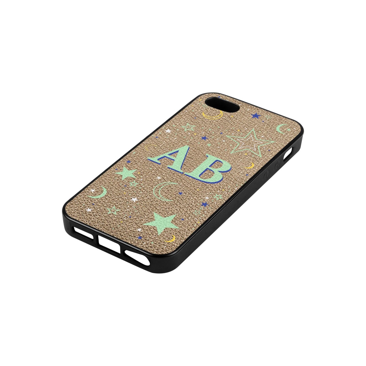 Stars and Moon Personalised Gold Pebble Leather iPhone 5 Case Side Angle