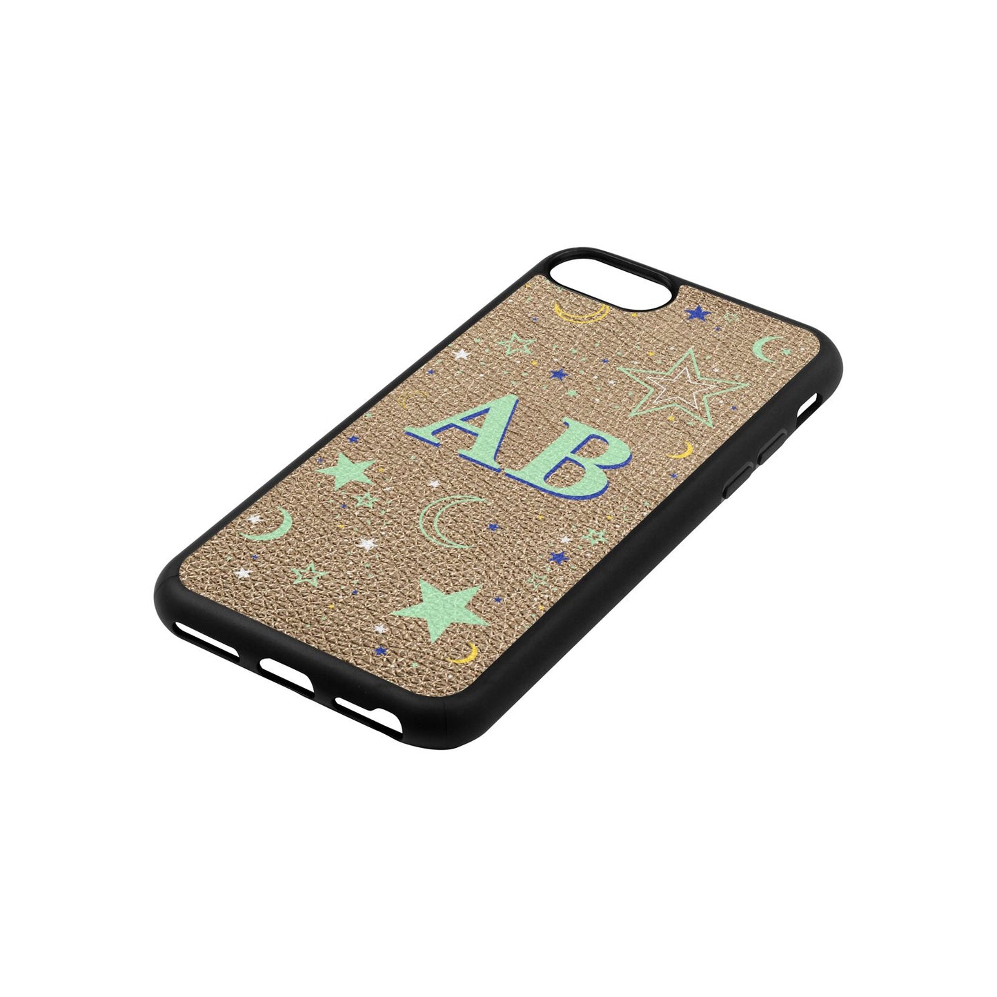 Stars and Moon Personalised Gold Pebble Leather iPhone 8 Case Side Angle