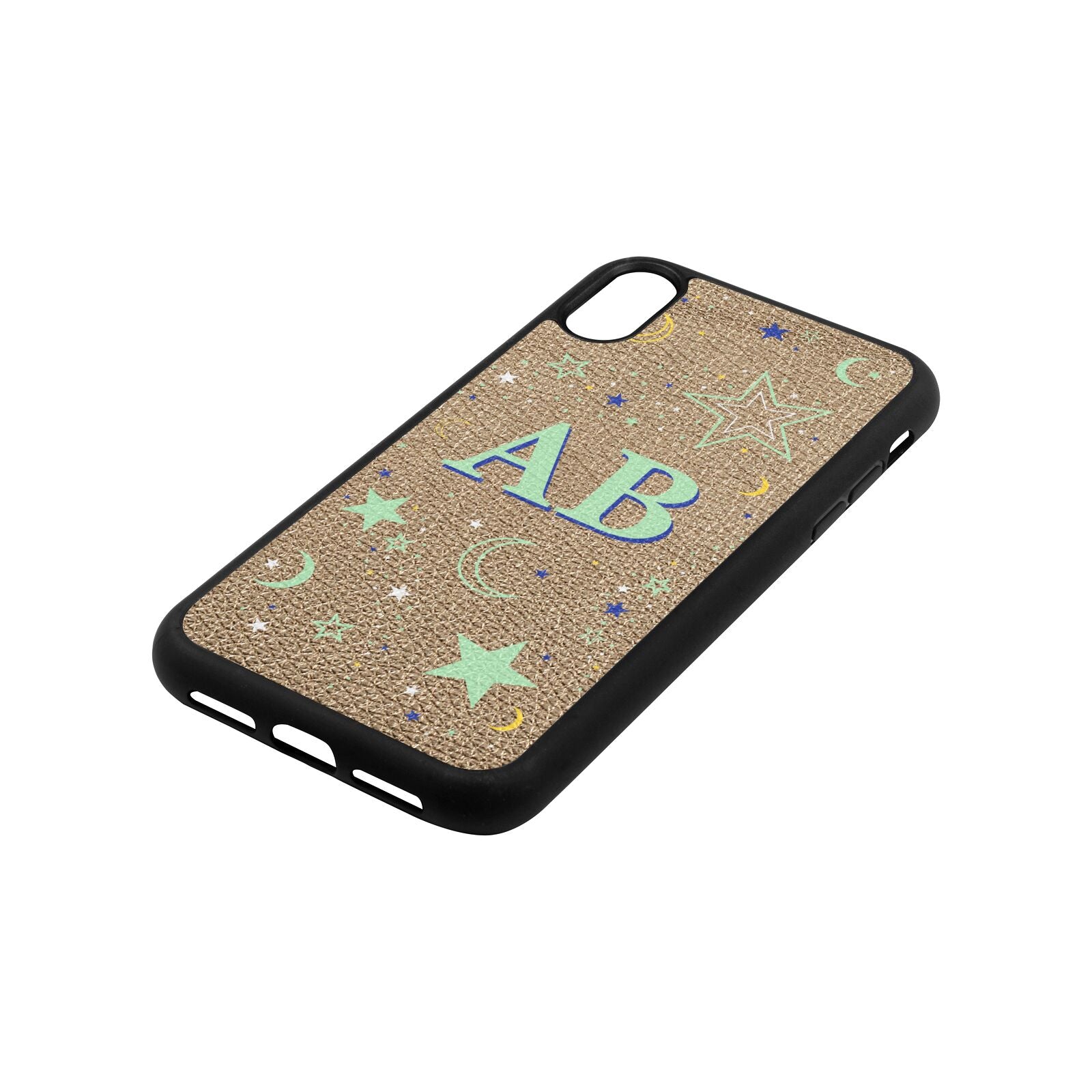 Stars and Moon Personalised Gold Pebble Leather iPhone Xr Case Side Angle