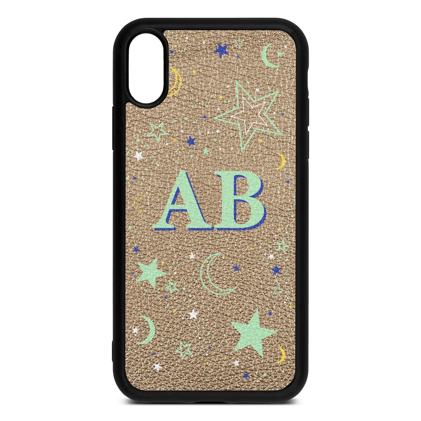 Stars and Moon Personalised Gold Pebble Leather iPhone Xr Case