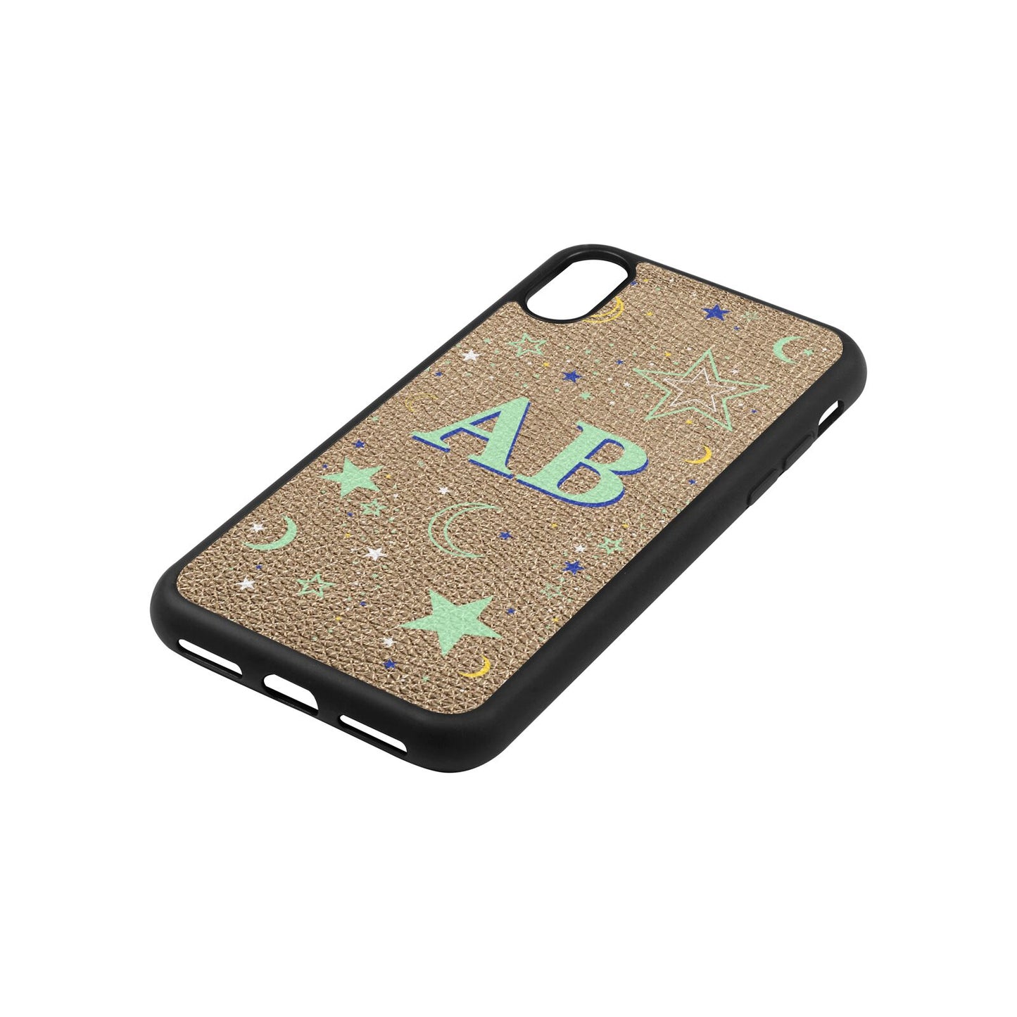 Stars and Moon Personalised Gold Pebble Leather iPhone Xs Case Side Angle