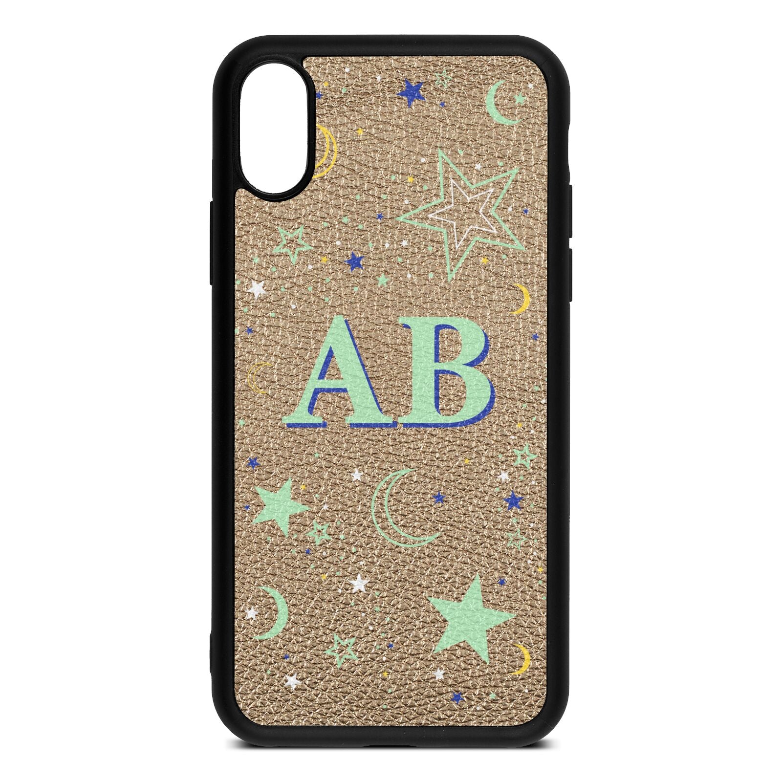 Stars and Moon Personalised Gold Pebble Leather iPhone Xs Case