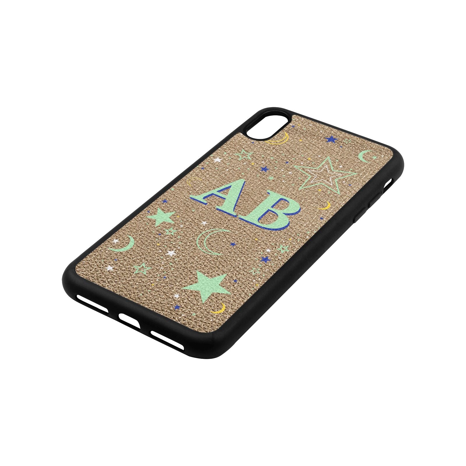 Stars and Moon Personalised Gold Pebble Leather iPhone Xs Max Case Side Angle