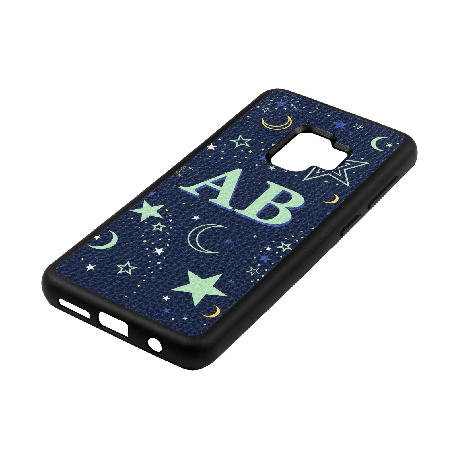 Stars and Moon Personalised Navy Blue Pebble Leather Samsung S9 Case Side Angle