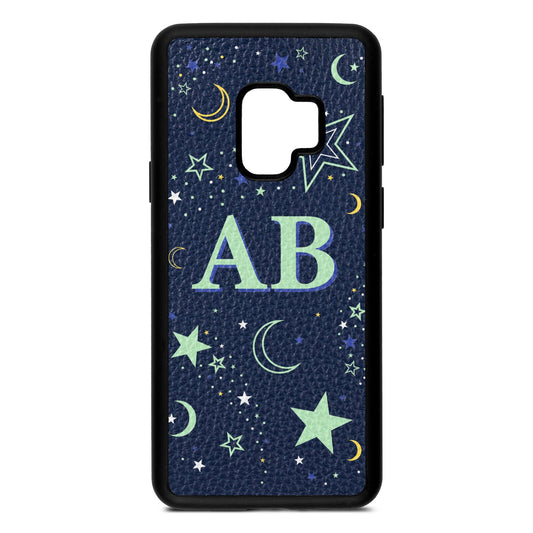 Stars and Moon Personalised Navy Blue Pebble Leather Samsung S9 Case