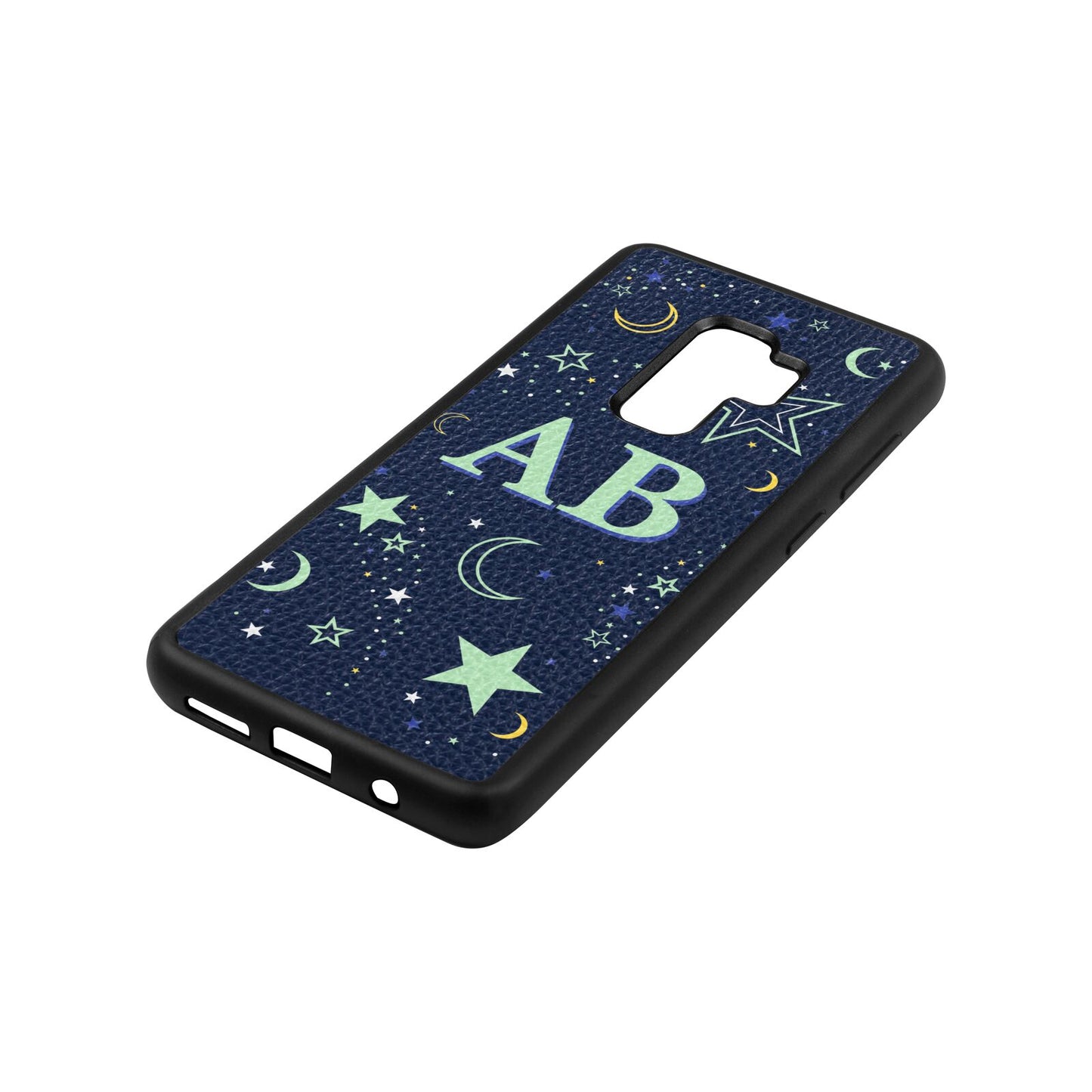 Stars and Moon Personalised Navy Blue Pebble Leather Samsung S9 Plus Case Side Angle