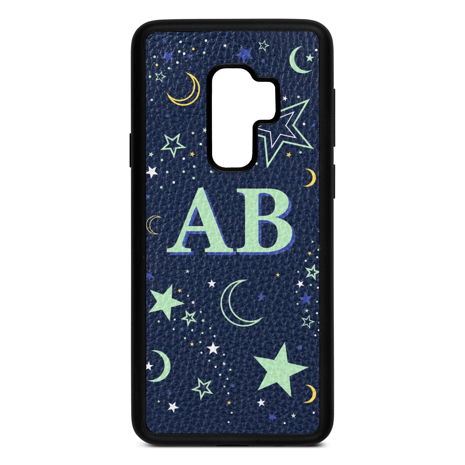 Stars and Moon Personalised Navy Blue Pebble Leather Samsung S9 Plus Case