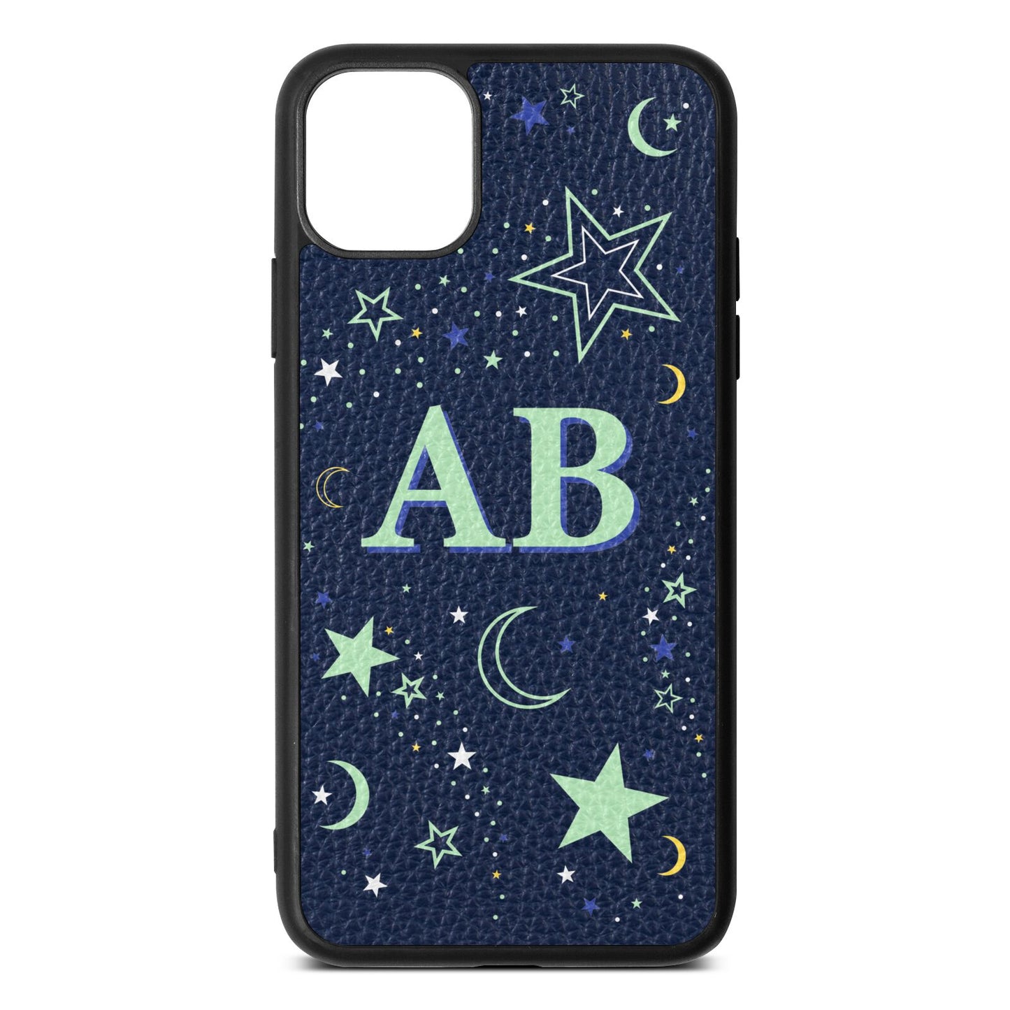 Stars and Moon Personalised Navy Blue Pebble Leather iPhone 11 Pro Max Case