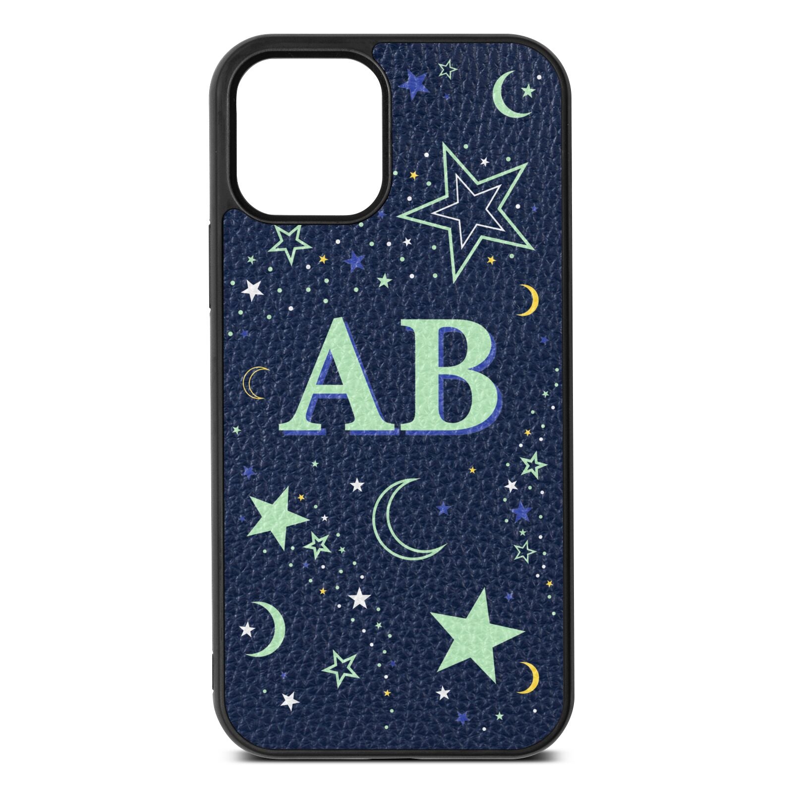 Stars and Moon Personalised Navy Blue Pebble Leather iPhone 12 Case