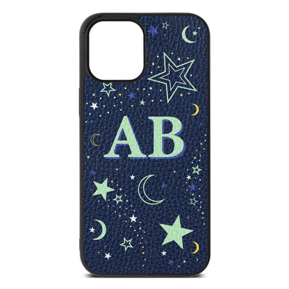 Stars and Moon Personalised Navy Blue Pebble Leather iPhone 12 Pro Max Case