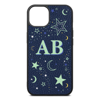 Stars and Moon Personalised Navy Blue Pebble Leather iPhone 13 Case