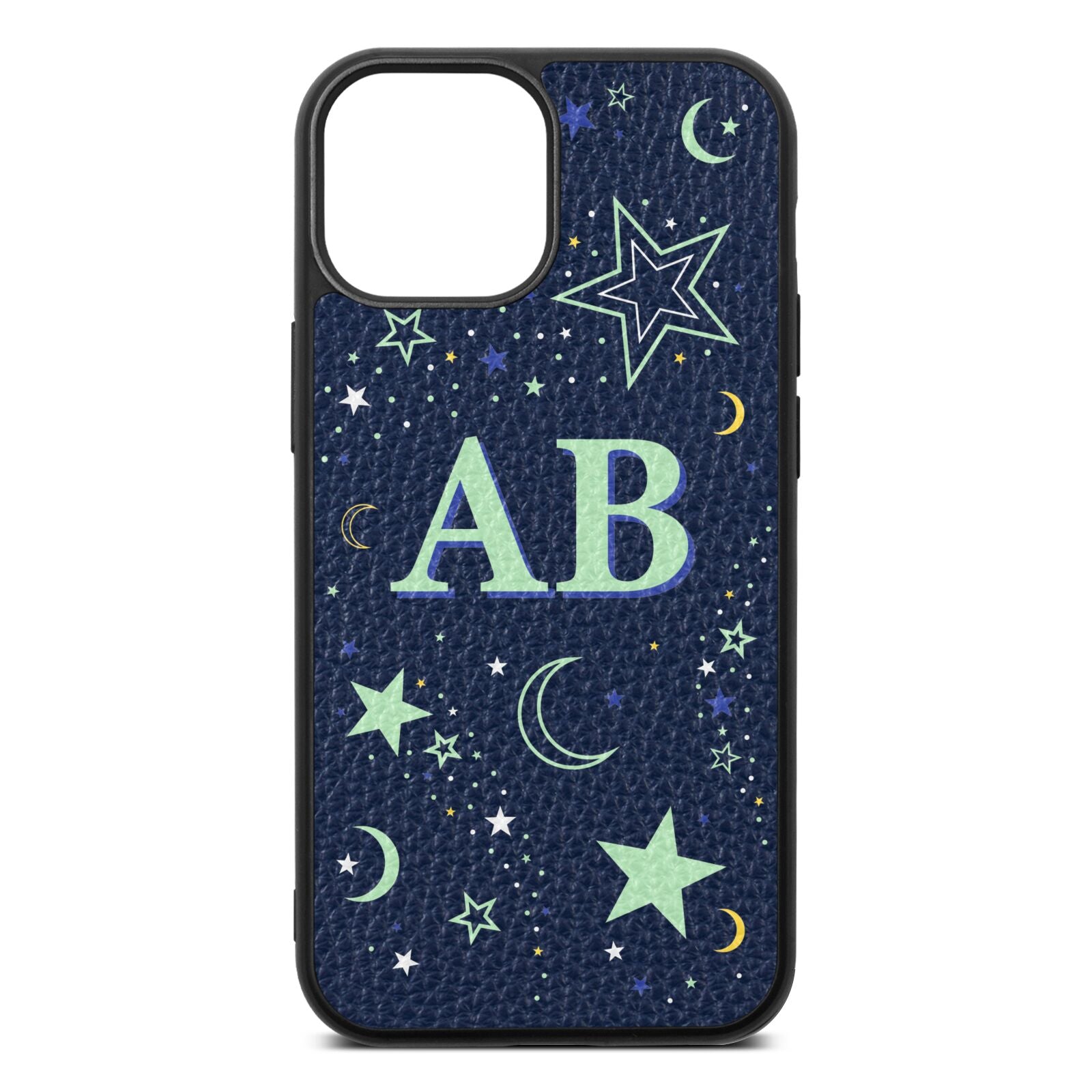 Stars and Moon Personalised Navy Blue Pebble Leather iPhone 13 Mini Case