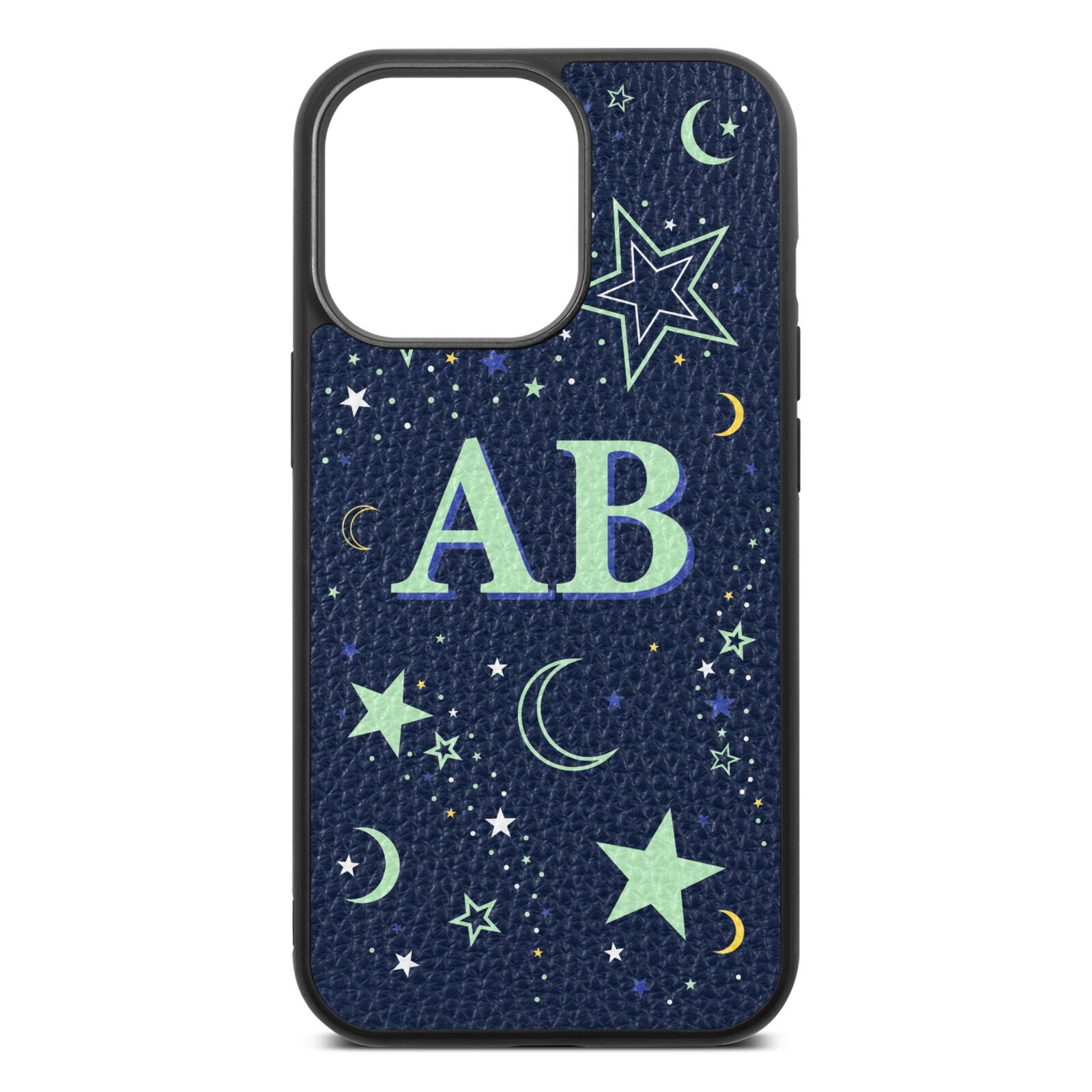 Stars and Moon Personalised Navy Blue Pebble Leather iPhone 13 Pro Case