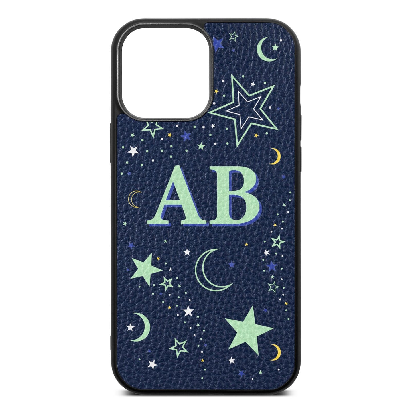 Stars and Moon Personalised Navy Blue Pebble Leather iPhone 13 Pro Max Case