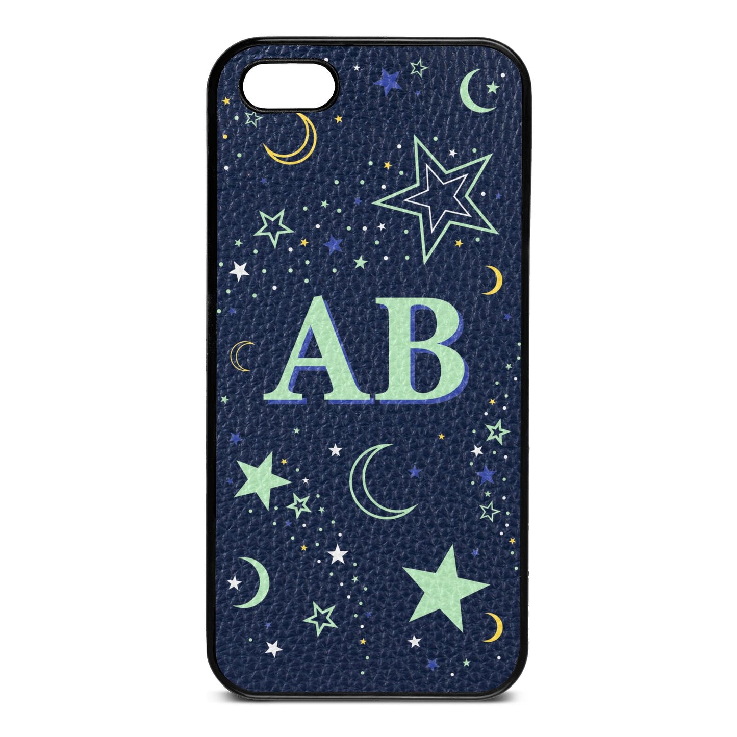 Stars and Moon Personalised Navy Blue Pebble Leather iPhone 5 Case