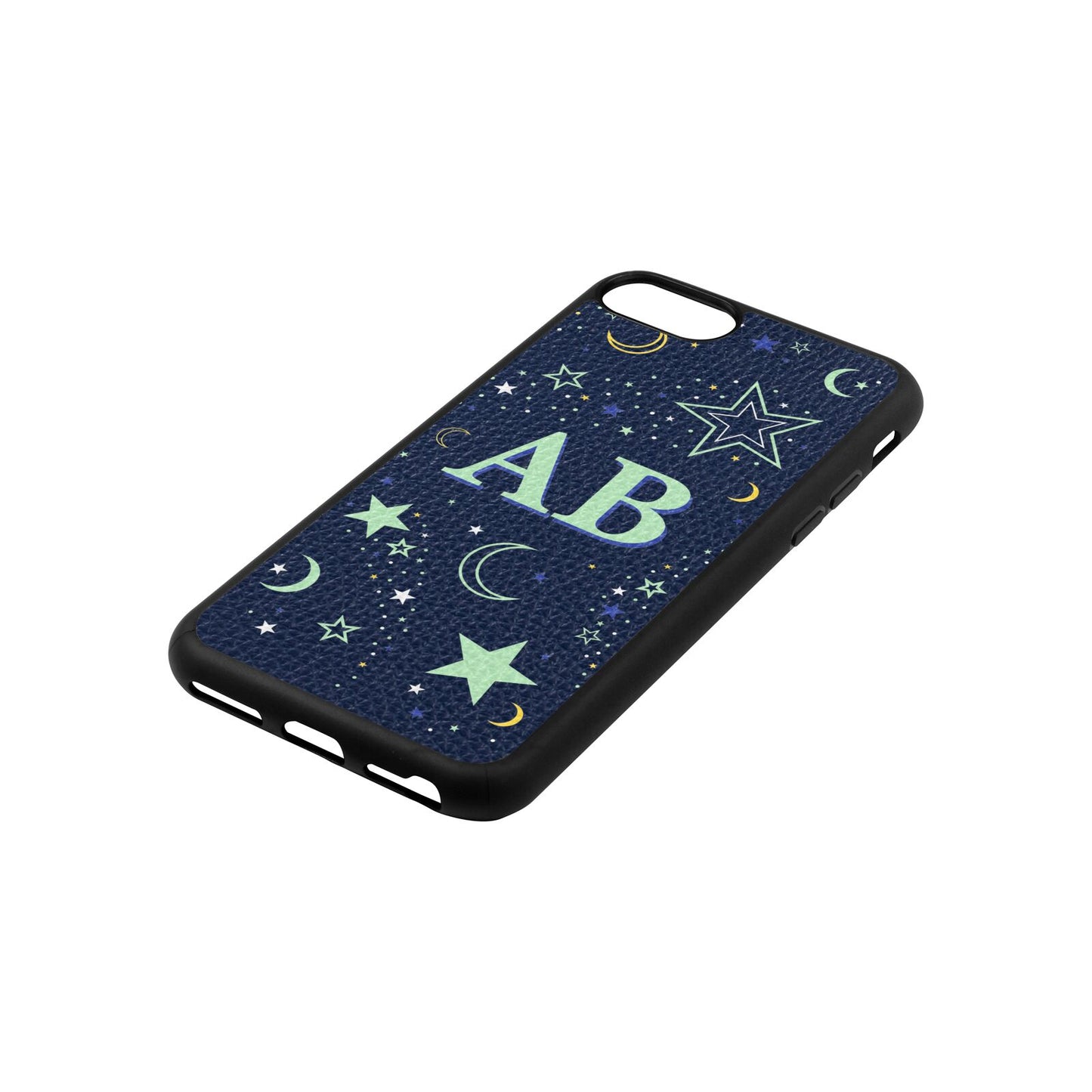 Stars and Moon Personalised Navy Blue Pebble Leather iPhone 8 Case Side Angle