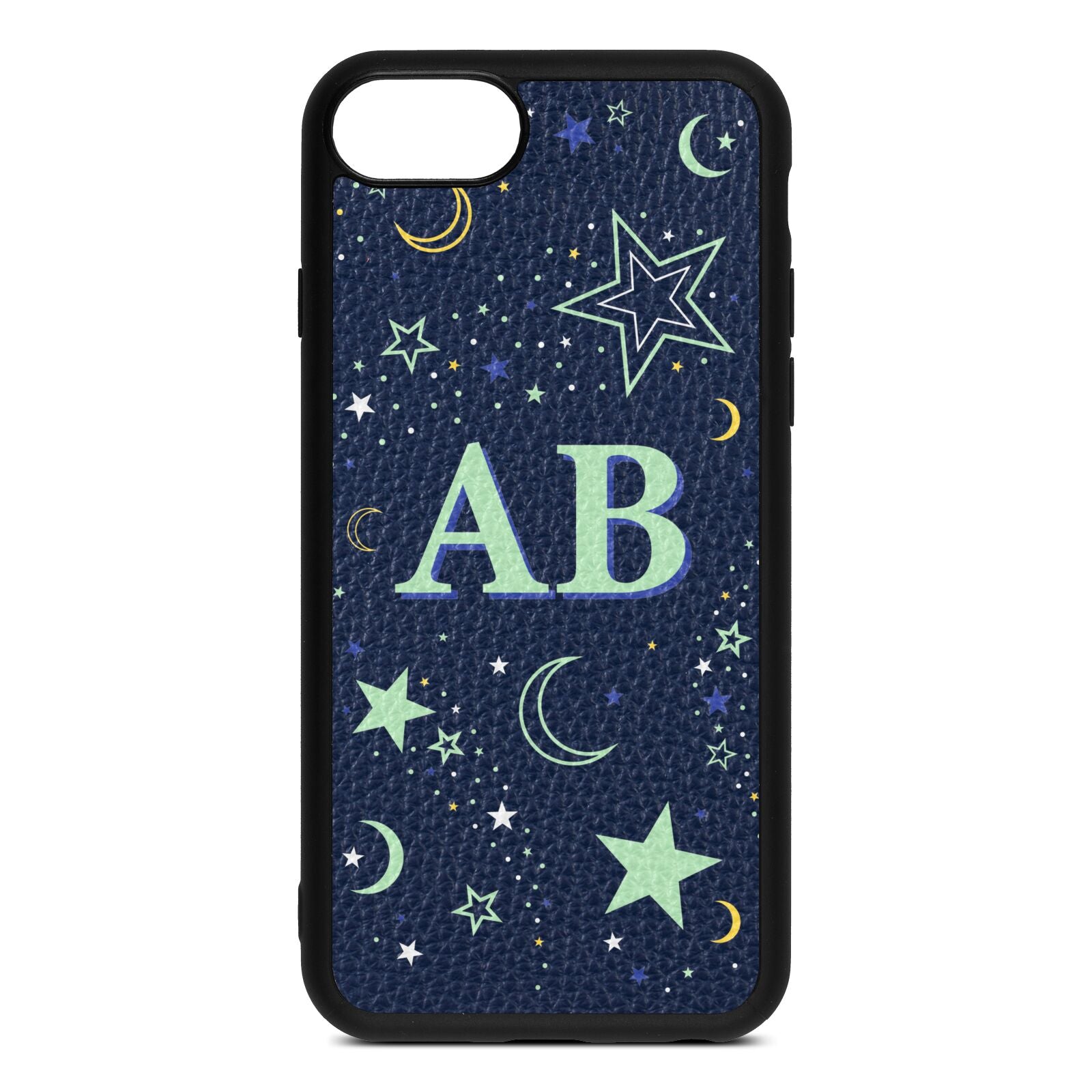 Stars and Moon Personalised Navy Blue Pebble Leather iPhone 8 Case