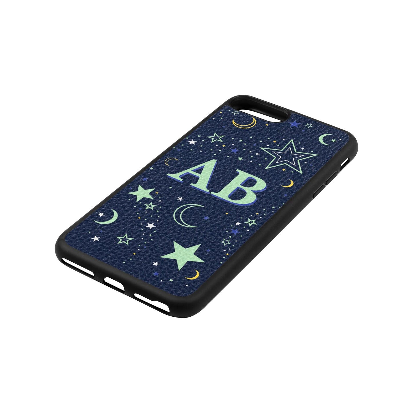 Stars and Moon Personalised Navy Blue Pebble Leather iPhone 8 Plus Case Side Angle