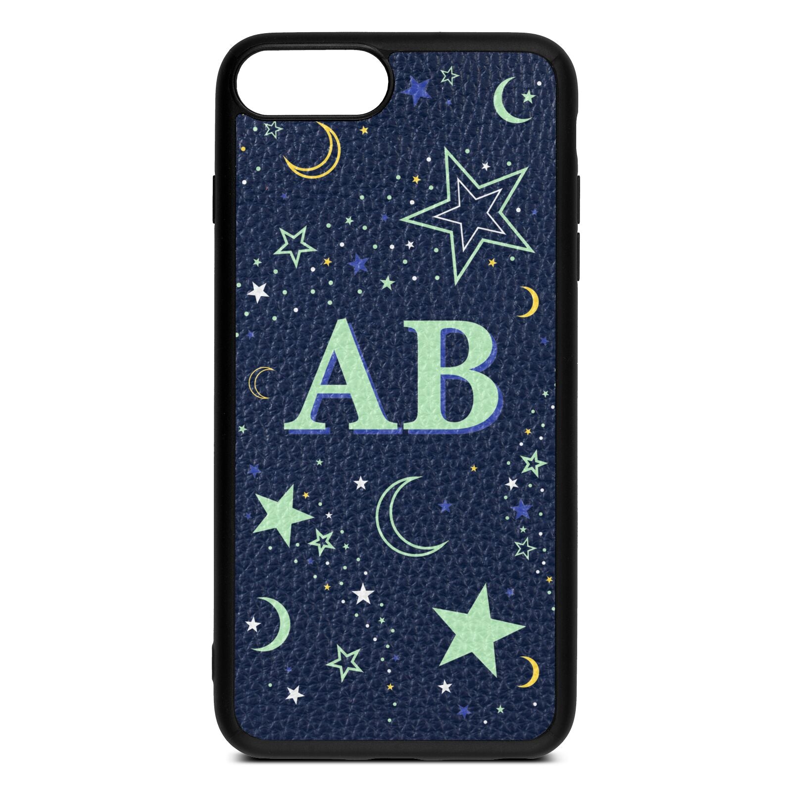 Stars and Moon Personalised Navy Blue Pebble Leather iPhone 8 Plus Case