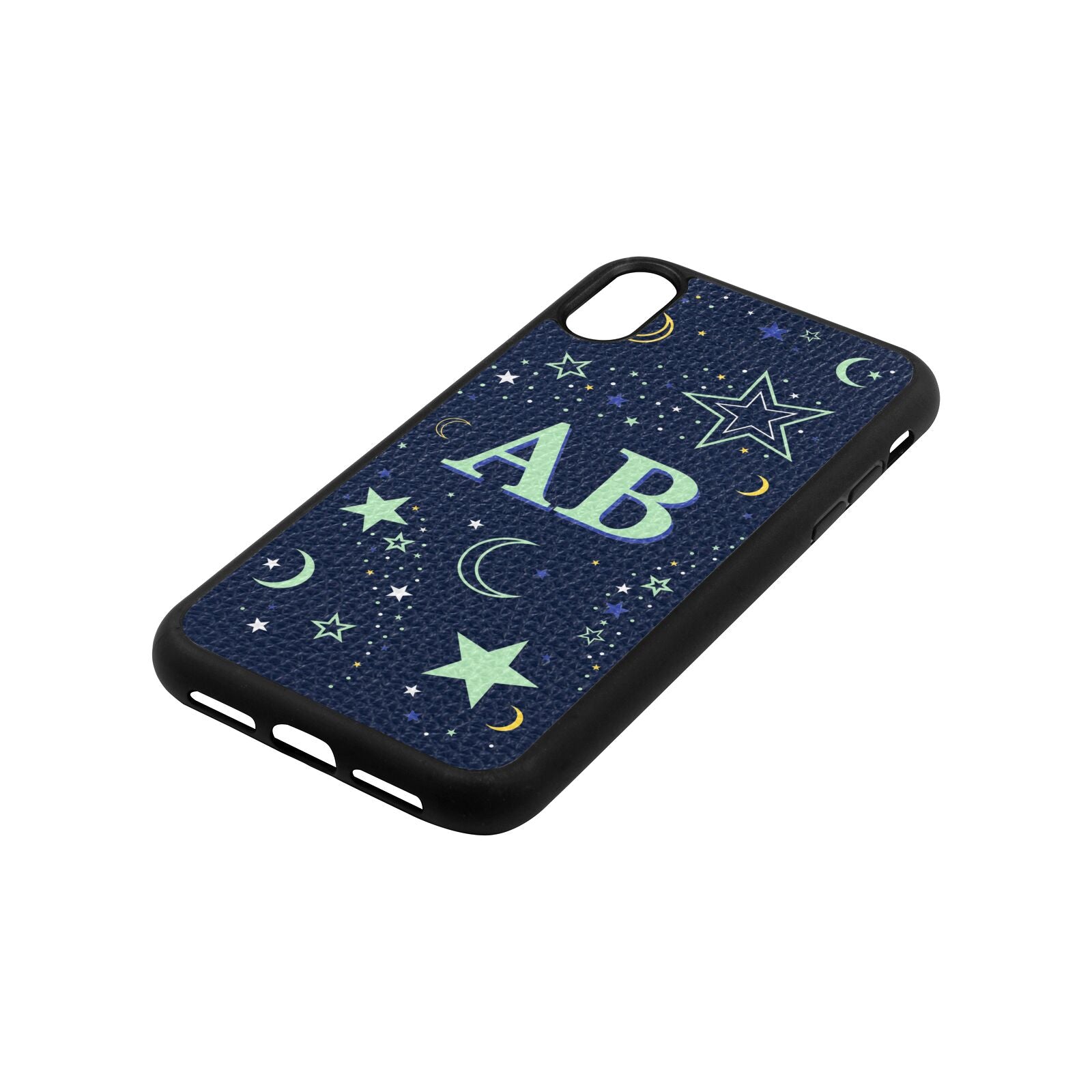 Stars and Moon Personalised Navy Blue Pebble Leather iPhone Xr Case Side Angle