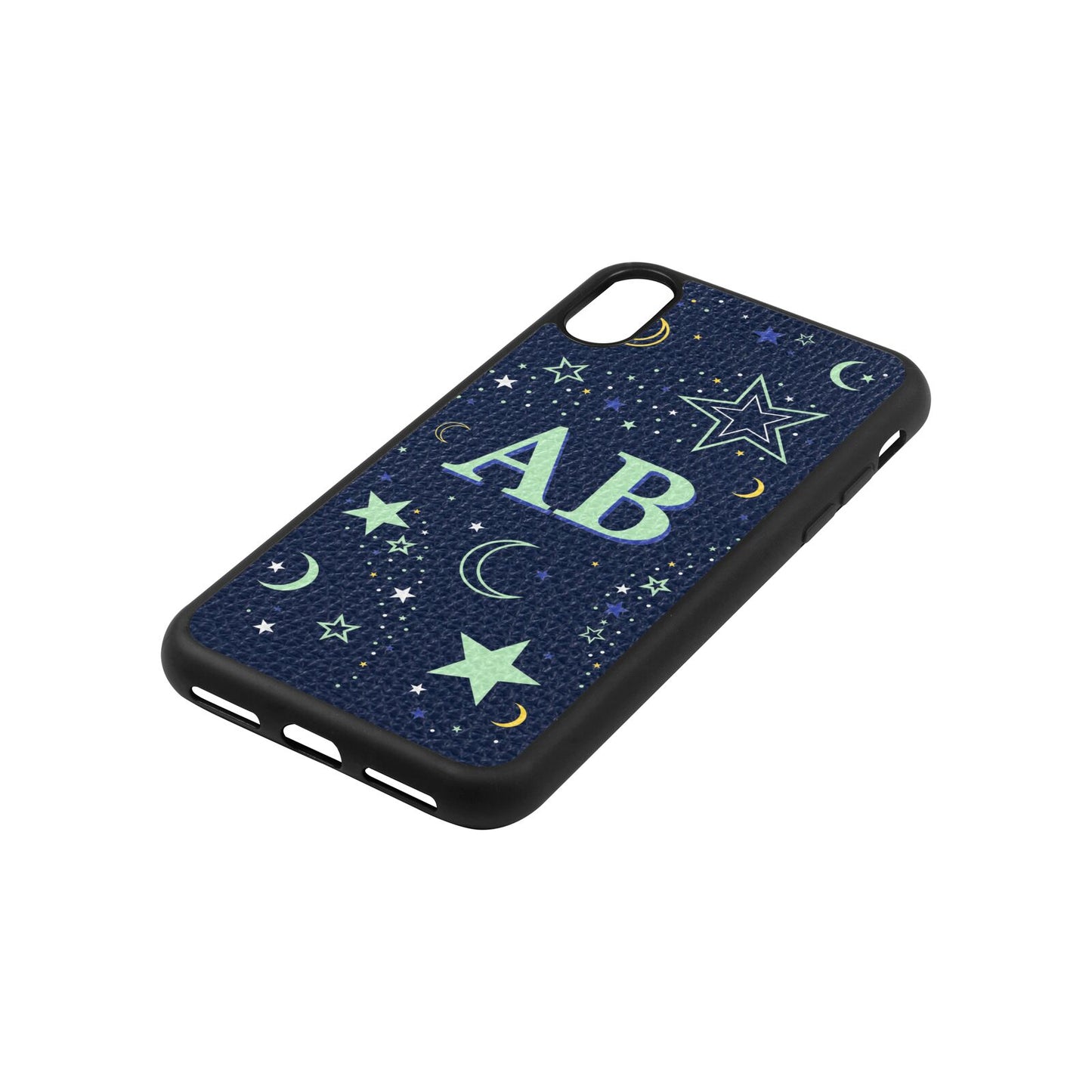 Stars and Moon Personalised Navy Blue Pebble Leather iPhone Xs Case Side Image