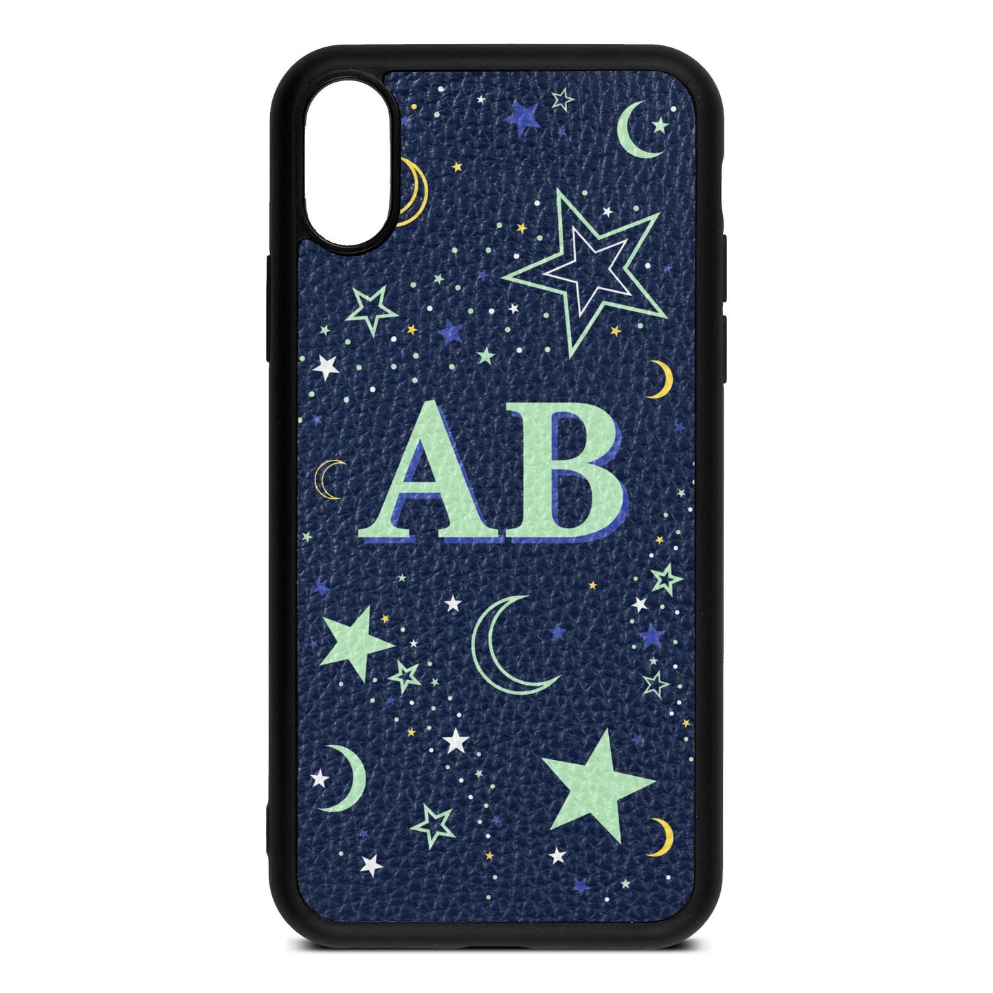 Stars and Moon Personalised Navy Blue Pebble Leather iPhone Xs Case