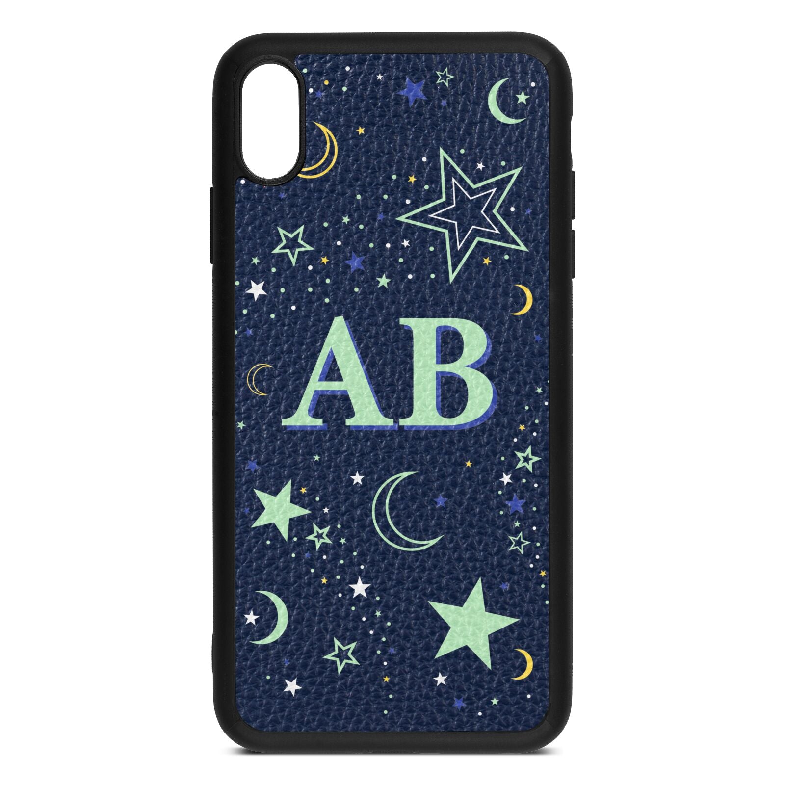 Stars and Moon Personalised Navy Blue Pebble Leather iPhone Xs Max Case