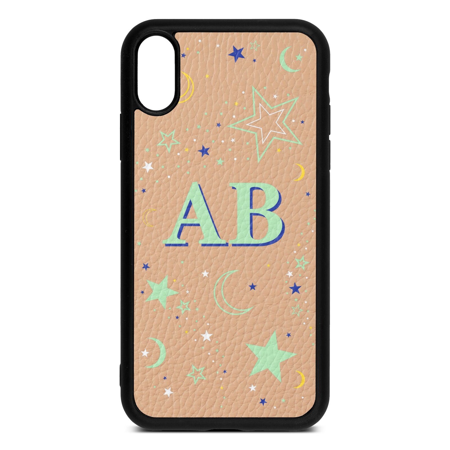 Stars and Moon Personalised Nude Pebble Leather iPhone Xr Case