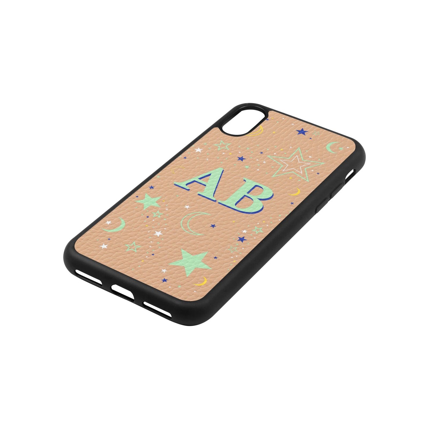 Stars and Moon Personalised Nude Pebble Leather iPhone Xs Case Side Angle