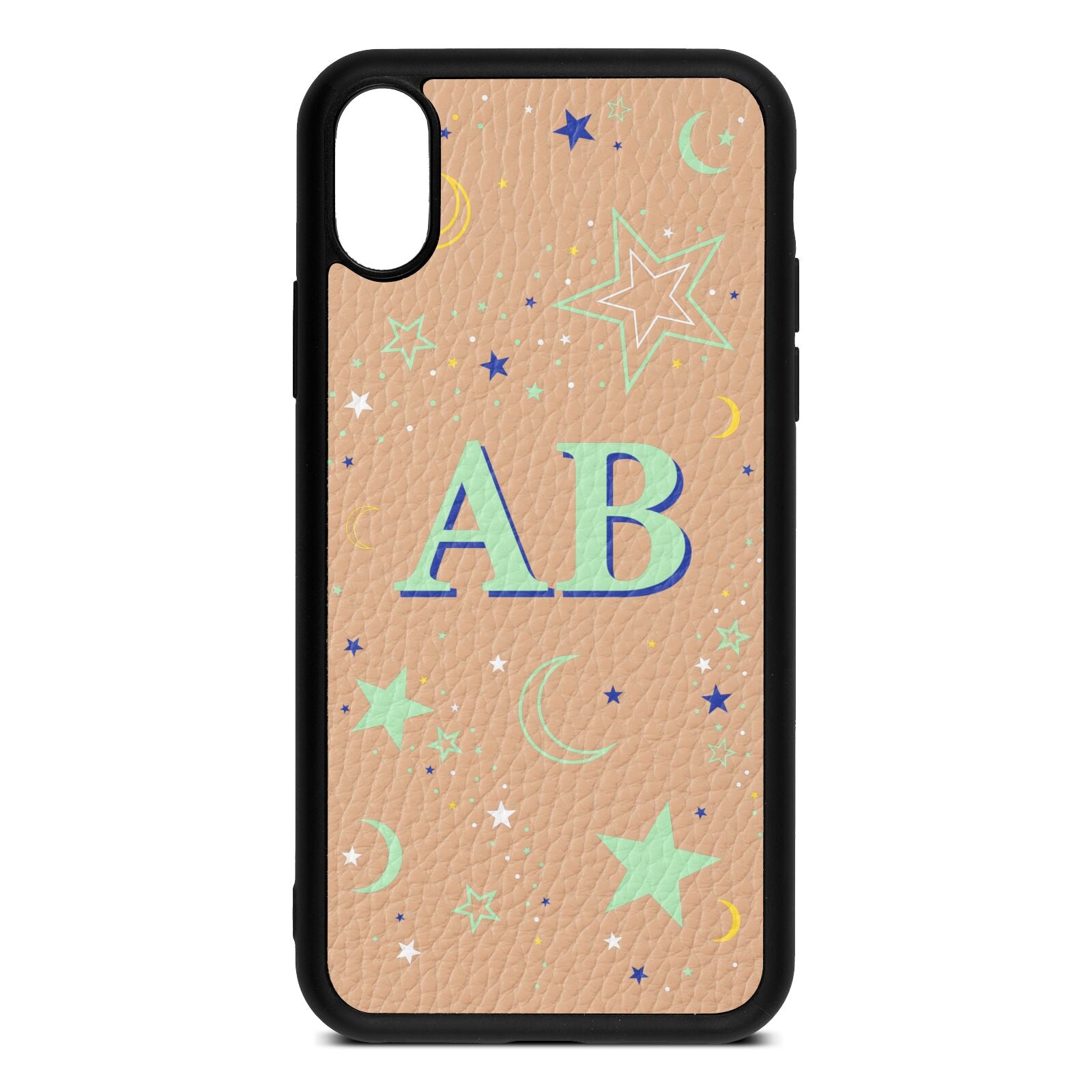 Stars and Moon Personalised Nude Pebble Leather iPhone Xs Case