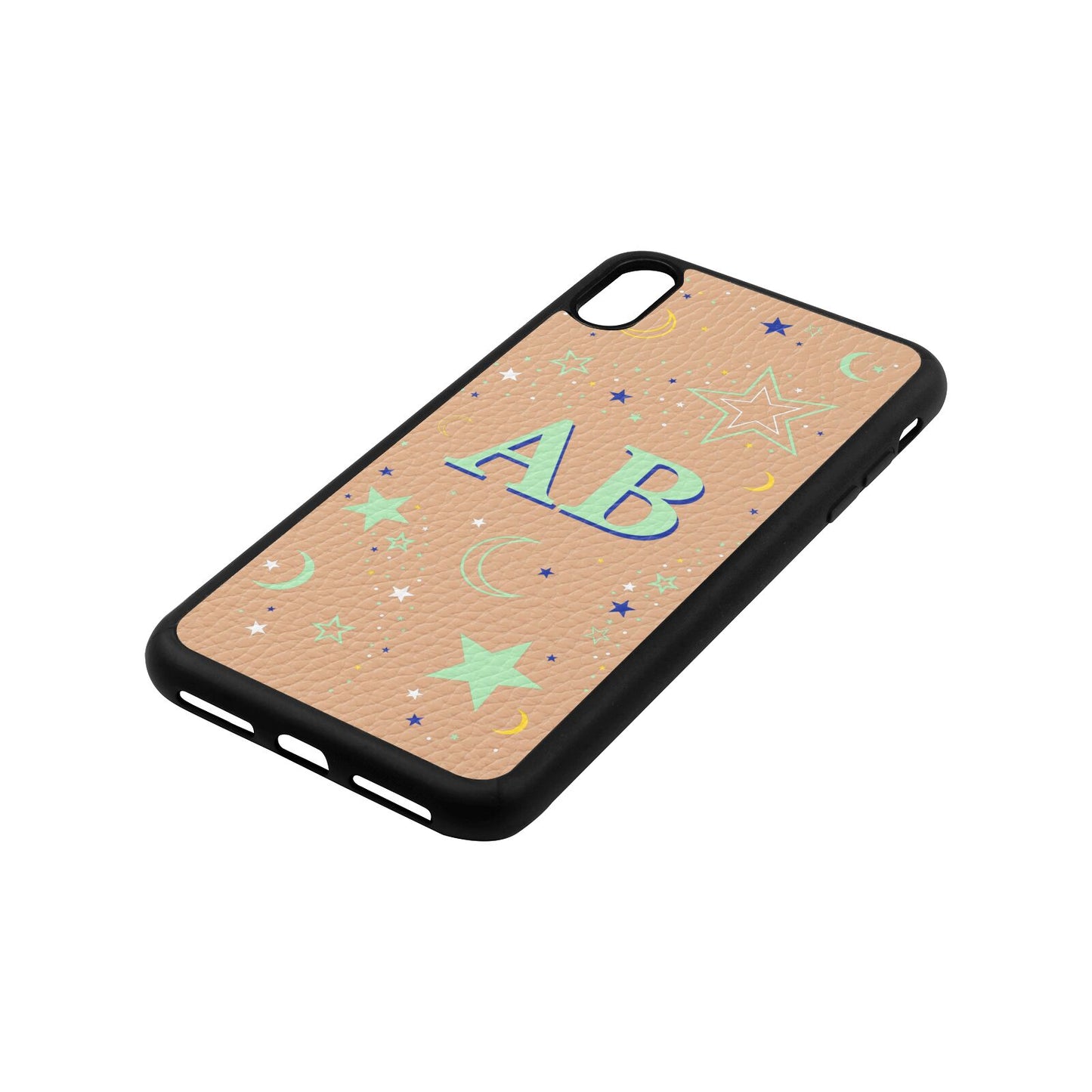 Stars and Moon Personalised Nude Pebble Leather iPhone Xs Max Case Side Angle