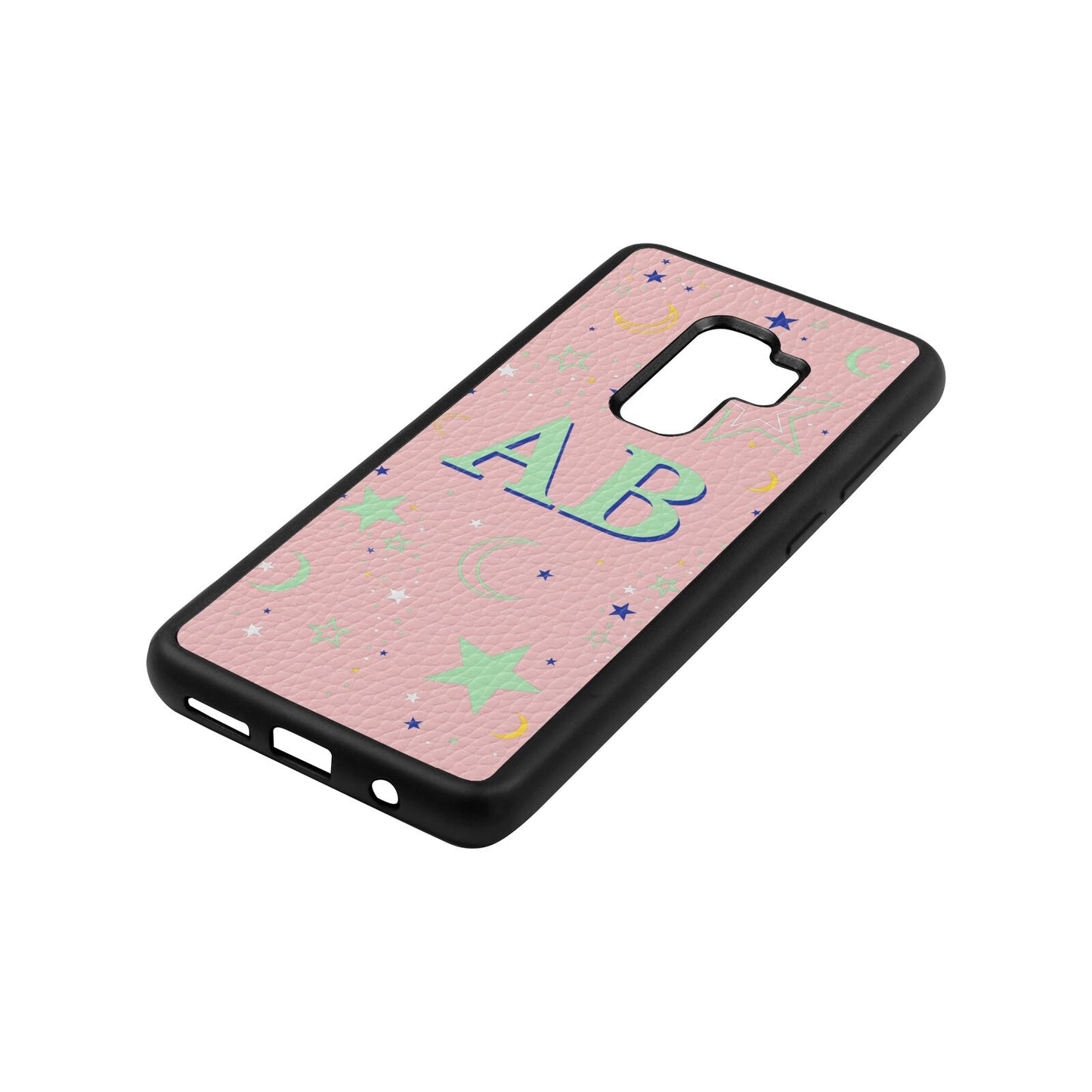 Stars and Moon Personalised Pink Pebble Leather Samsung S9 Plus Case Side Angle