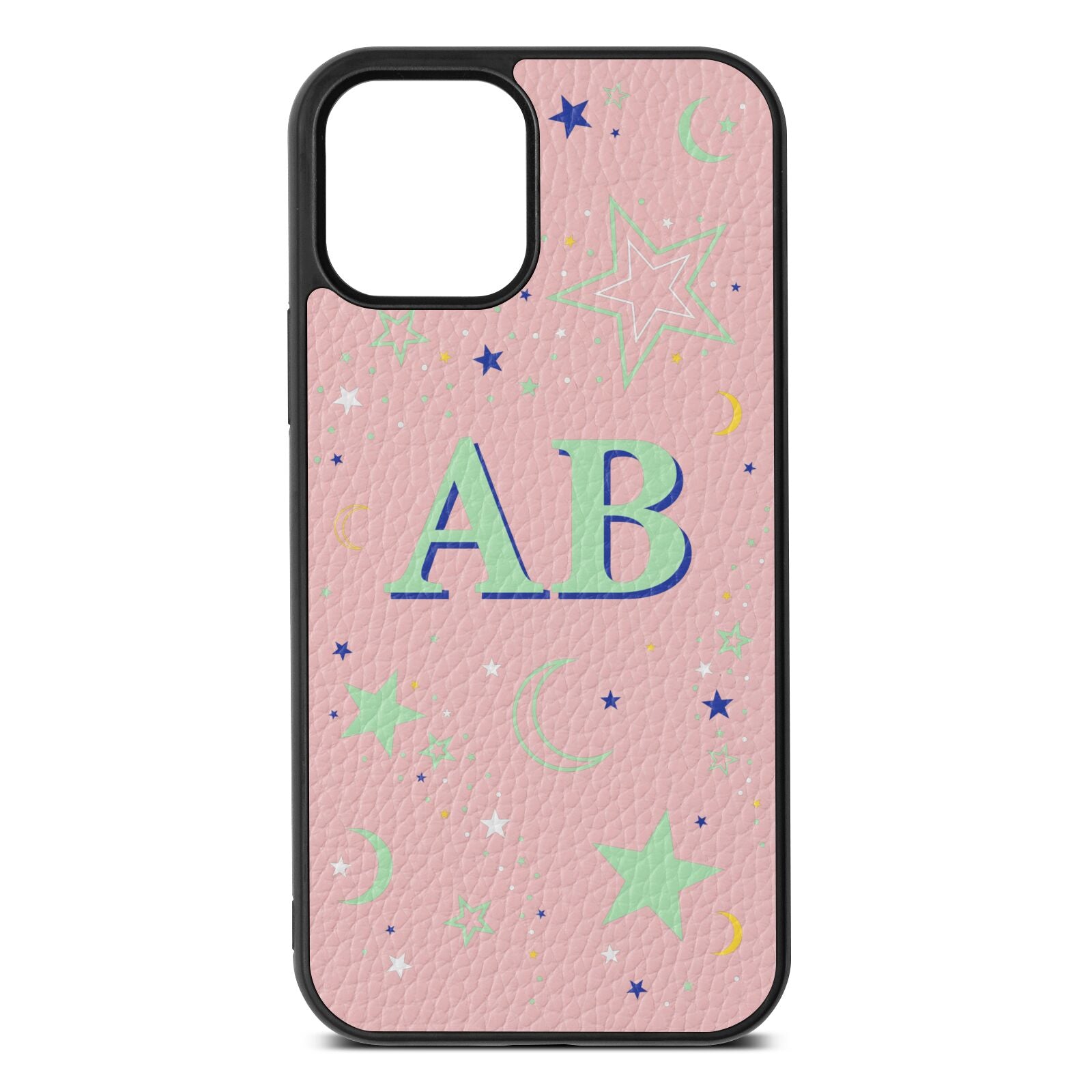 Stars and Moon Personalised Pink Pebble Leather iPhone 12 Case