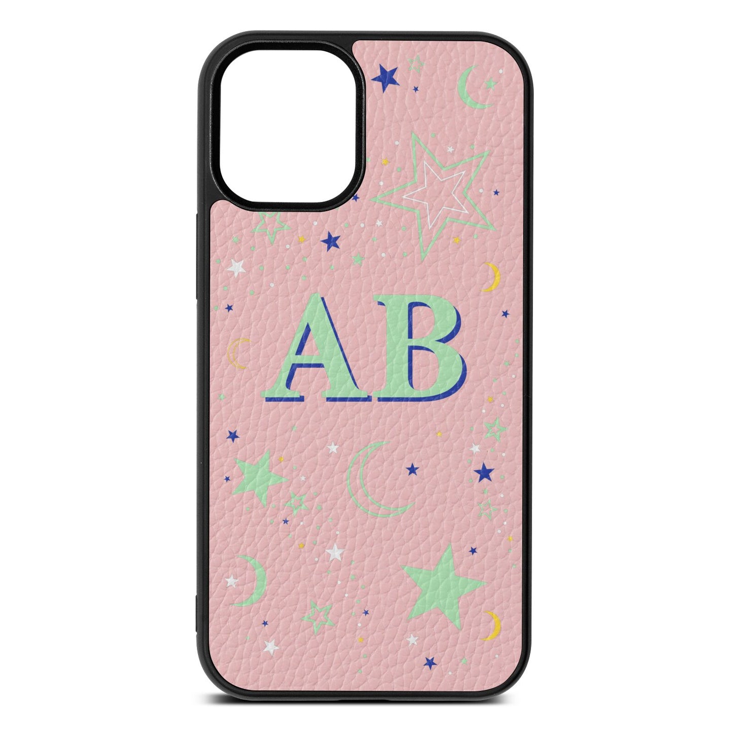 Stars and Moon Personalised Pink Pebble Leather iPhone 12 Mini Case