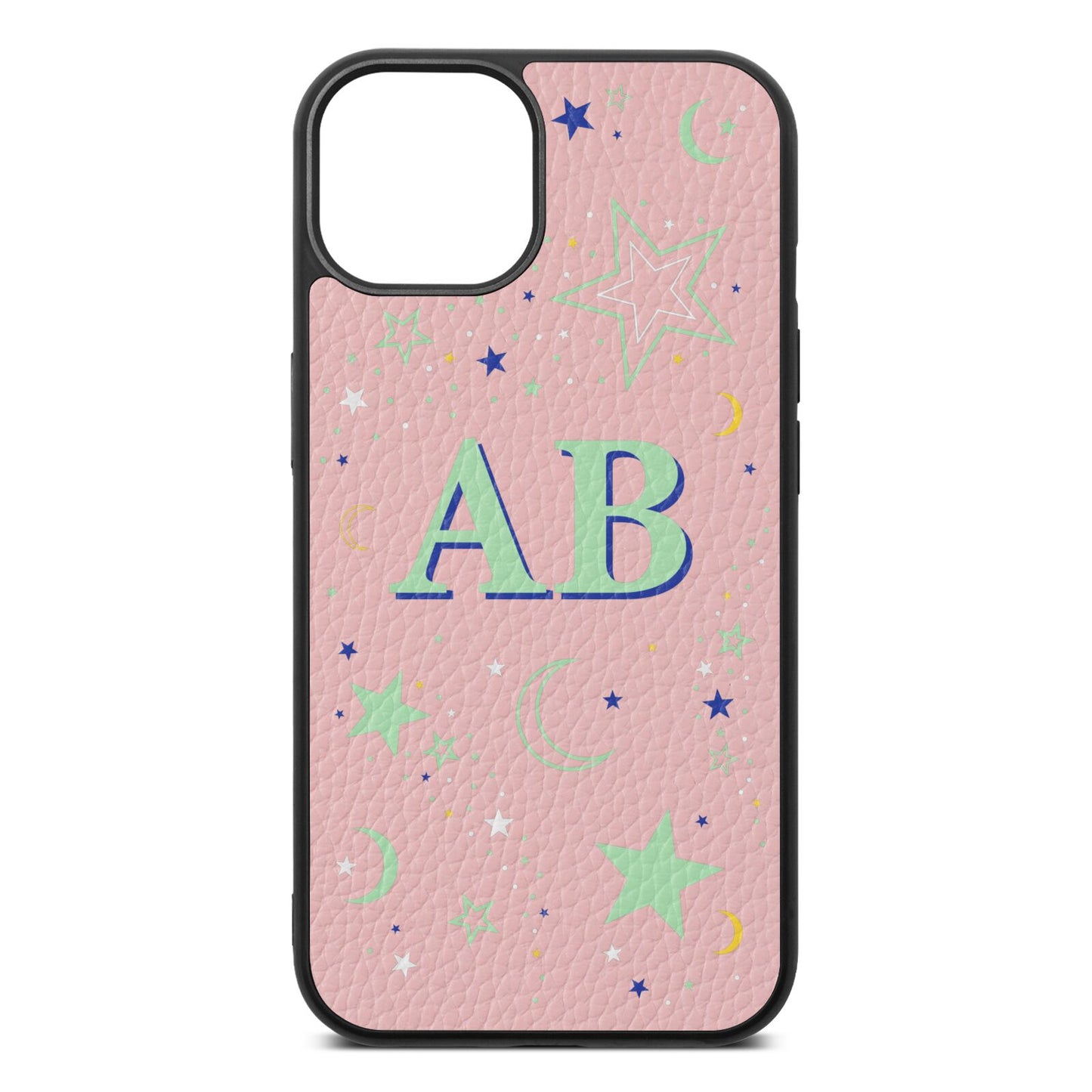 Stars and Moon Personalised Pink Pebble Leather iPhone 13 Case