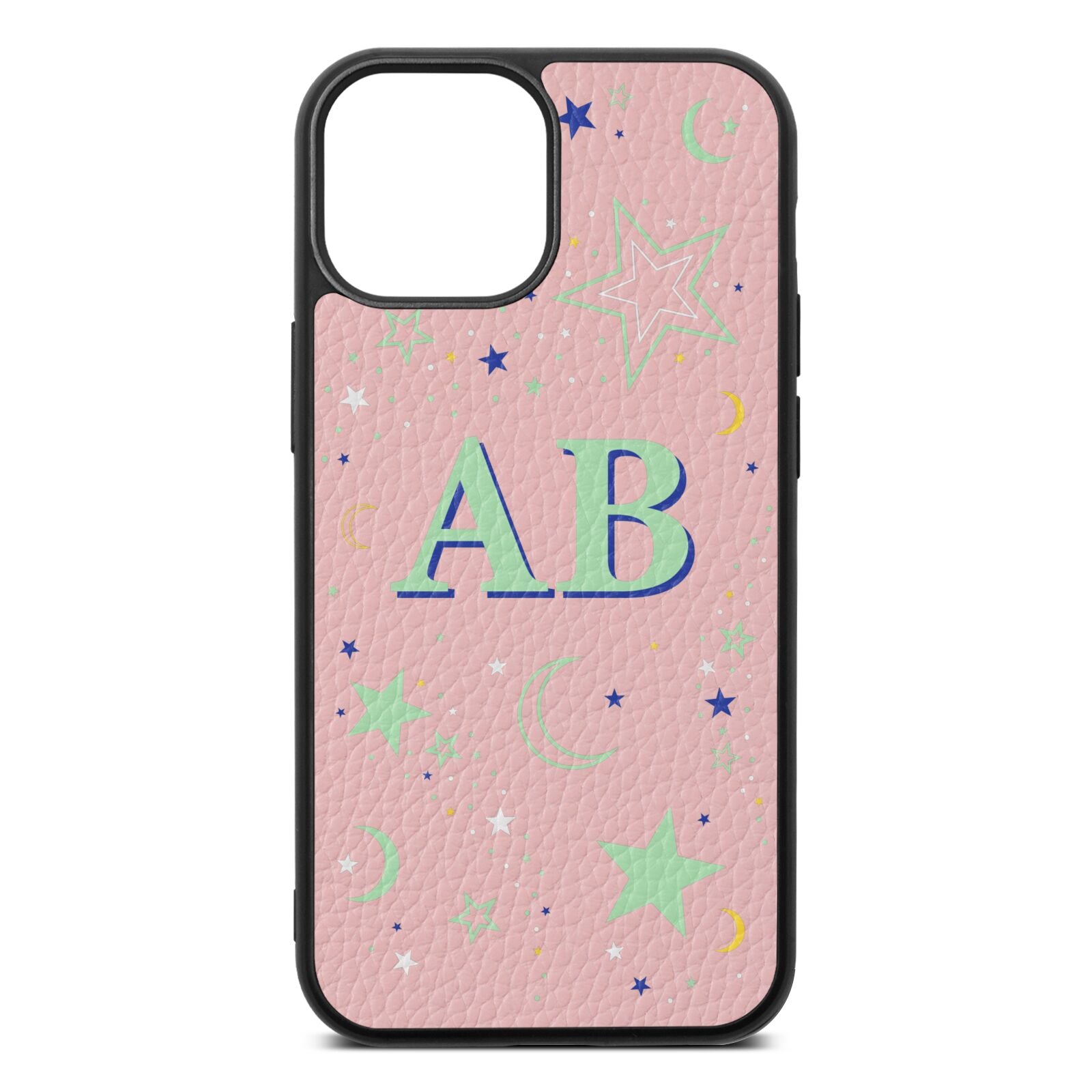 Stars and Moon Personalised Pink Pebble Leather iPhone 13 Mini Case