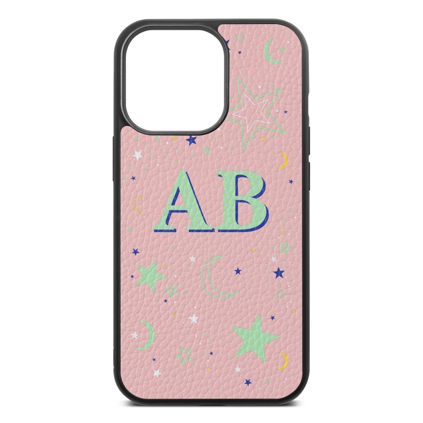 Stars and Moon Personalised Pink Pebble Leather iPhone 13 Pro Case