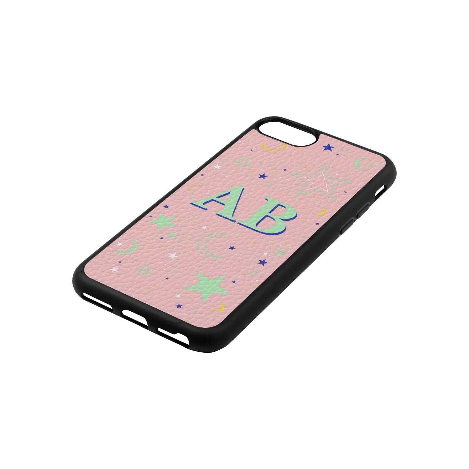 Stars and Moon Personalised Pink Pebble Leather iPhone 8 Case Side Angle