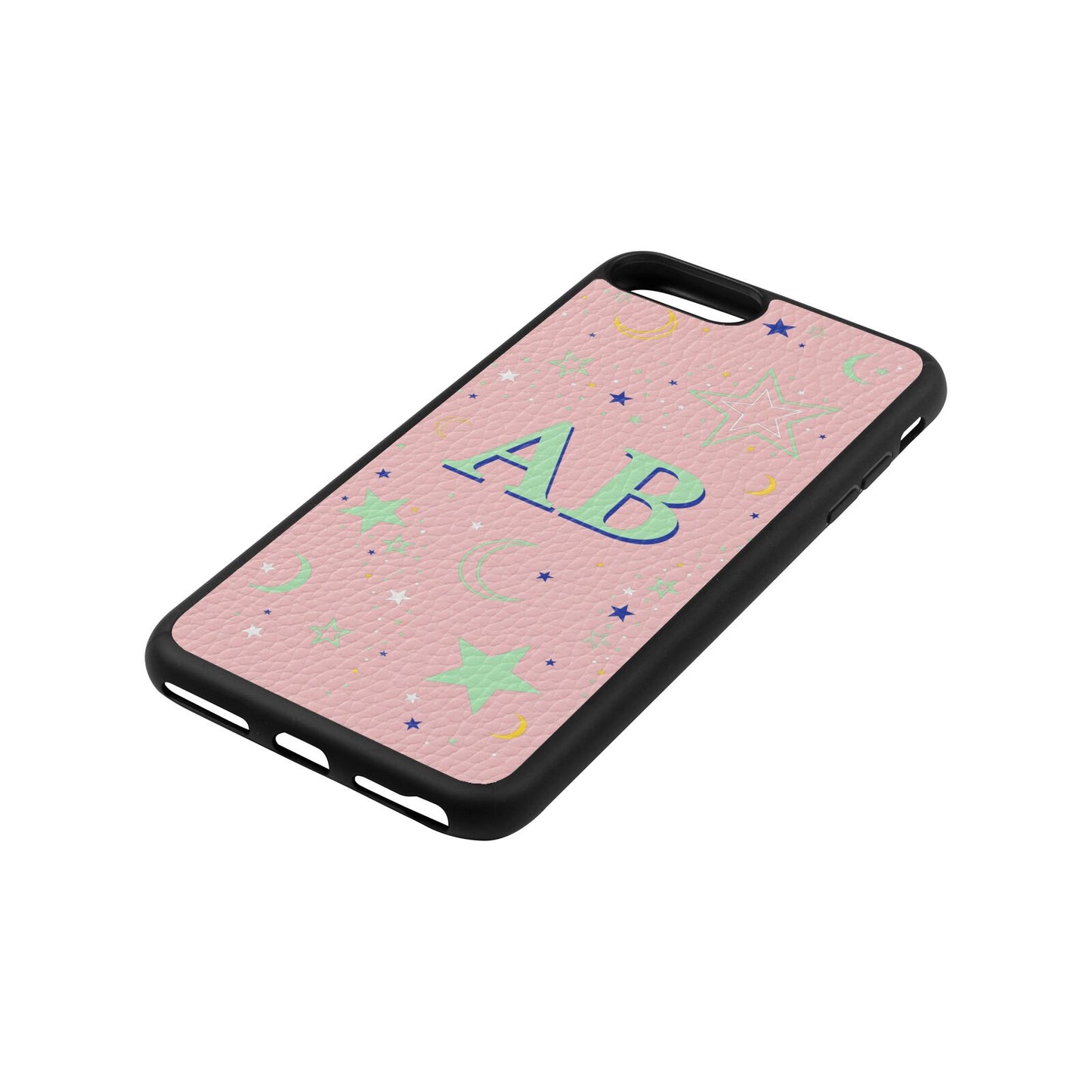 Stars and Moon Personalised Pink Pebble Leather iPhone 8 Plus Case Side Angle