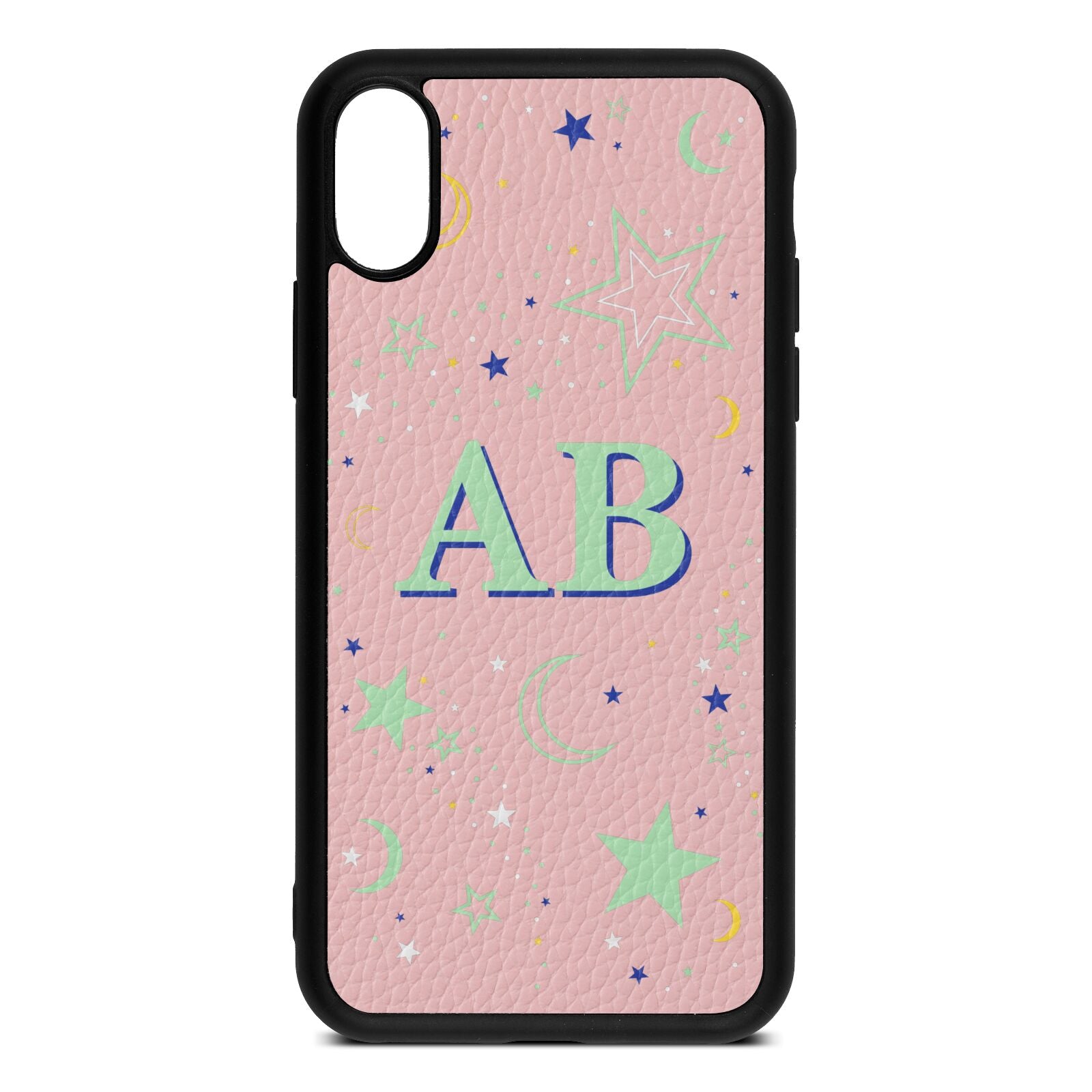 Stars and Moon Personalised Pink Pebble Leather iPhone Xs Case