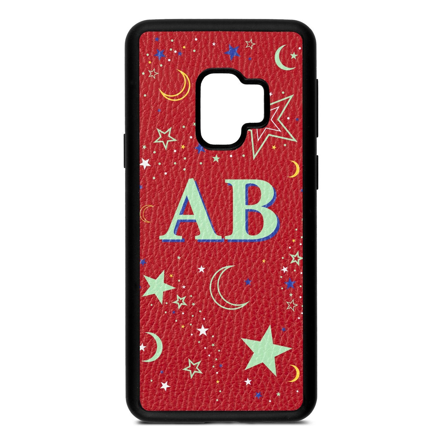 Stars and Moon Personalised Red Pebble Leather Samsung S9 Case