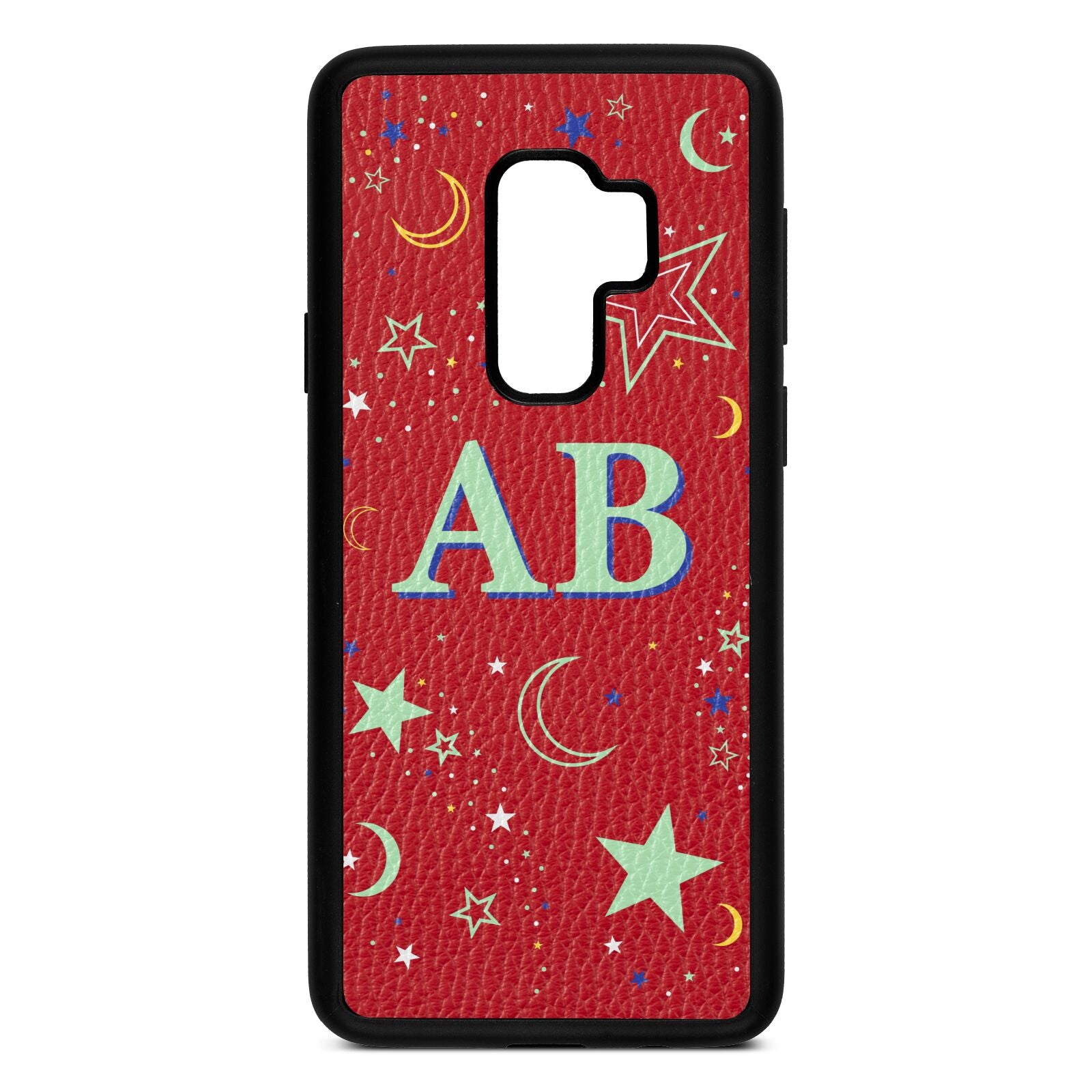 Stars and Moon Personalised Red Pebble Leather Samsung S9 Plus Case