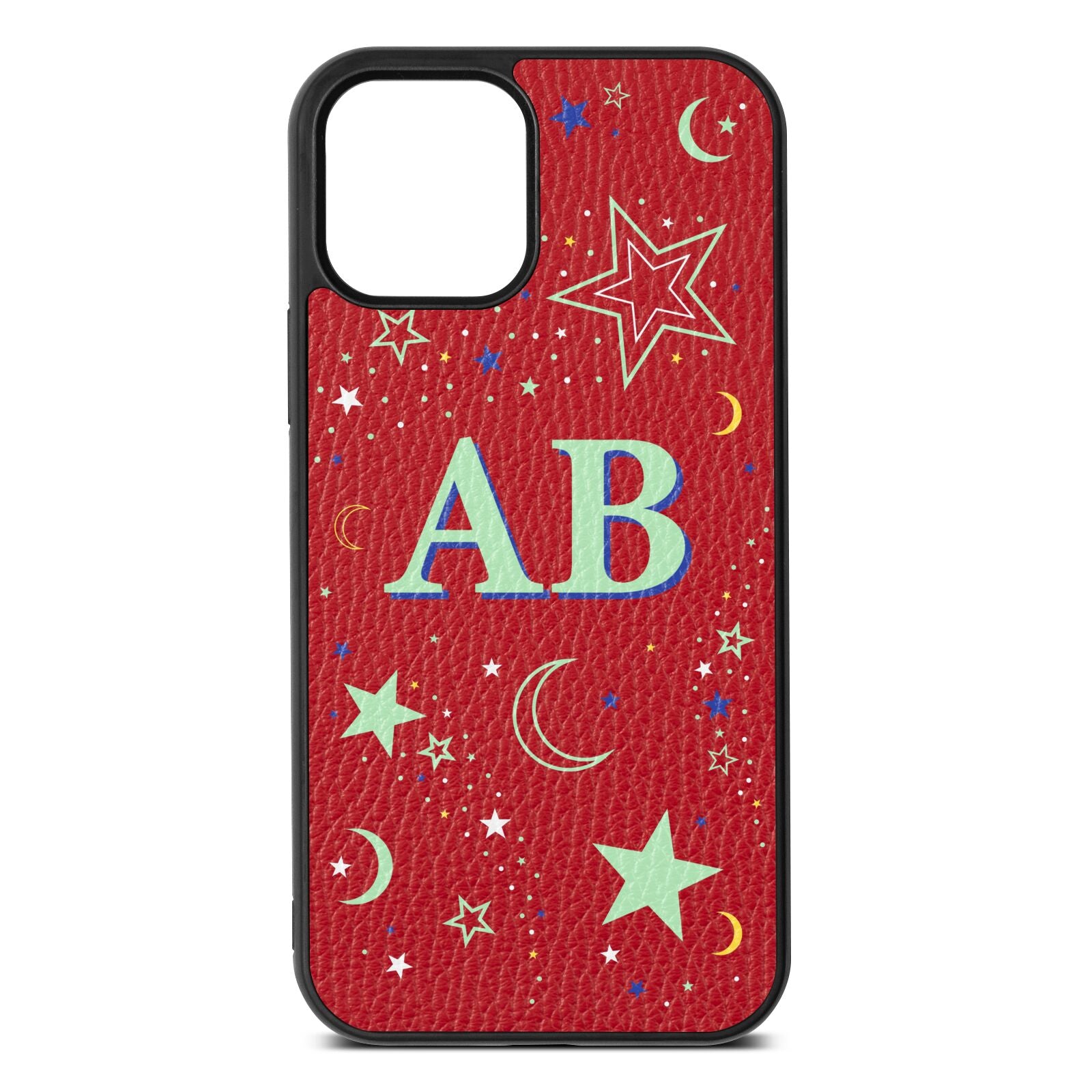 Stars and Moon Personalised Red Pebble Leather iPhone 12 Case